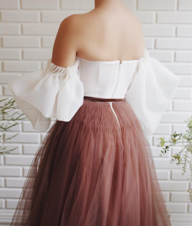 White and brown A-Line dress with off the shoulder sleeves