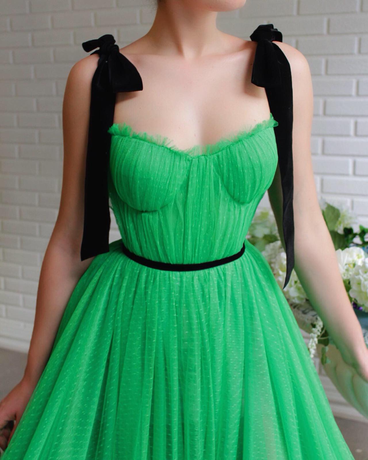 Green A-Line dress with black straps