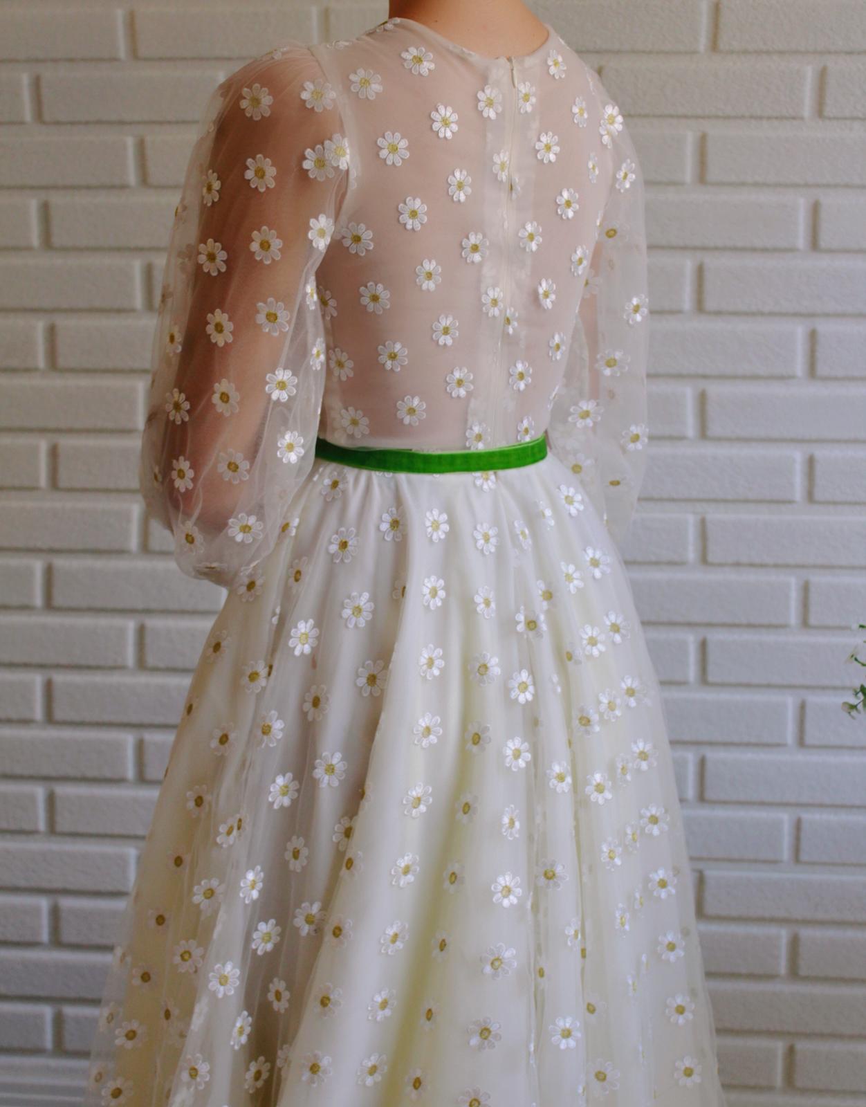 Beige A-Line dress with daisies and long sleeves