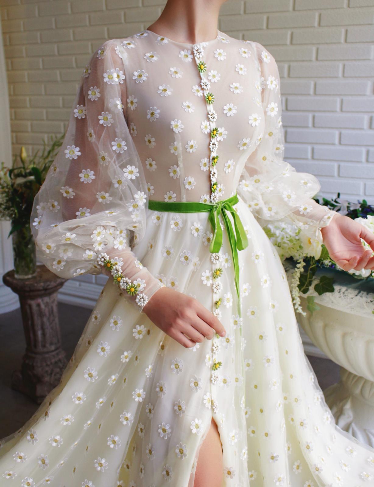 Beige A-Line dress with daisies and long sleeves