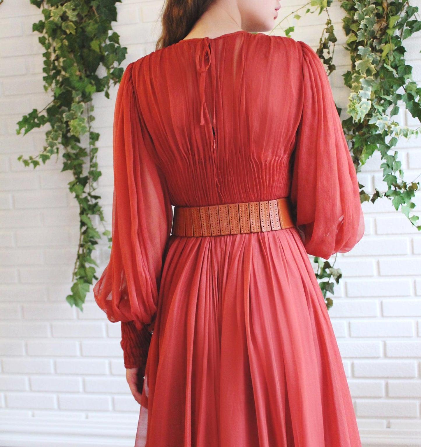 Brown A-Line dress with belt and long sleeves