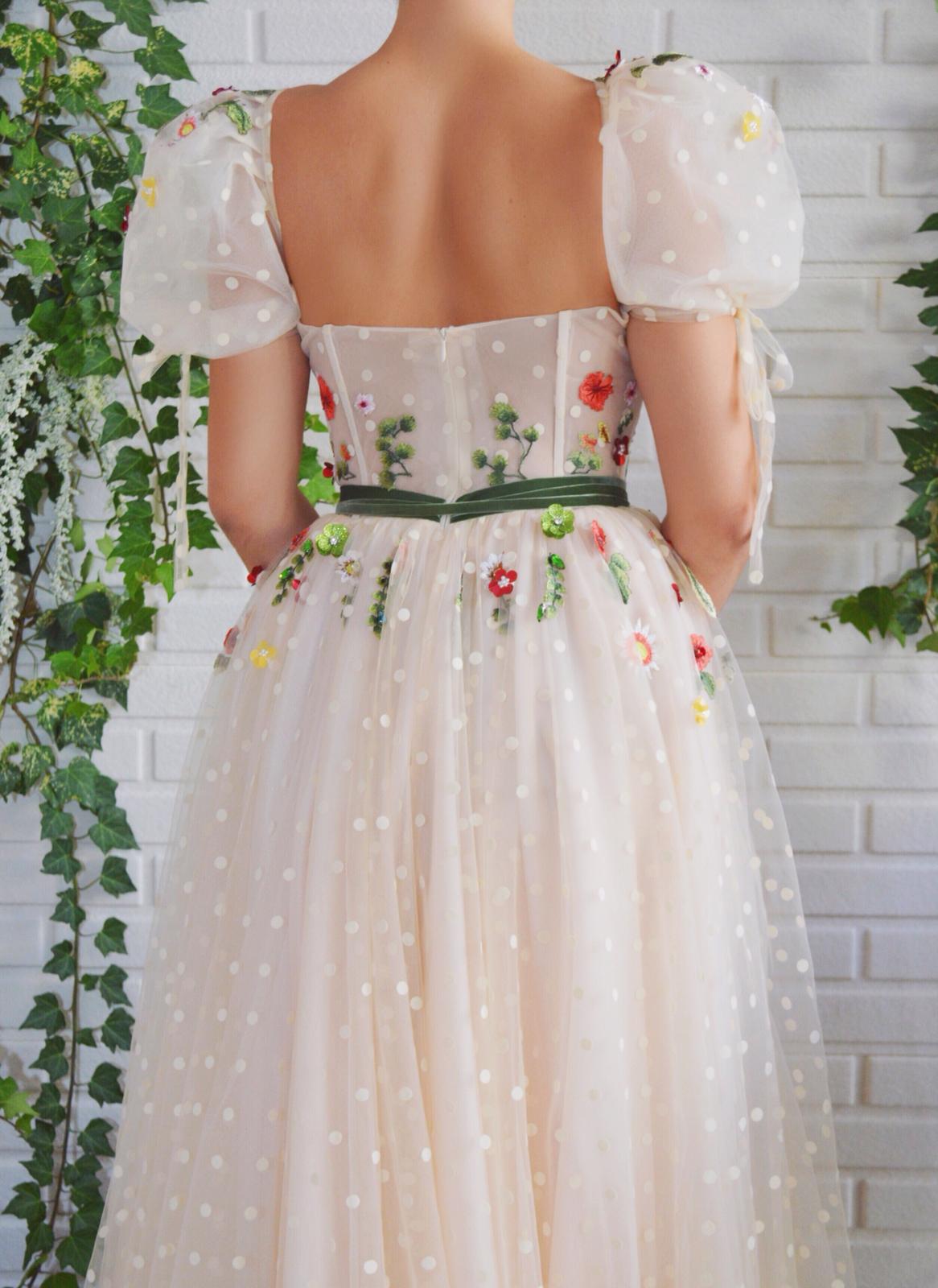 Beige A-Line dress with dotted fabric, short sleeves and embroidery