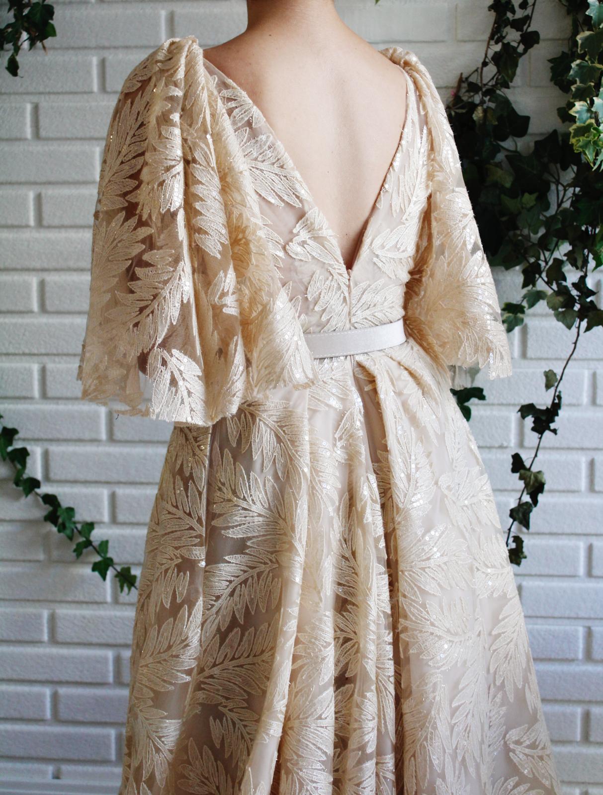 Beige A-Line dress with short sleeves and v-neck
