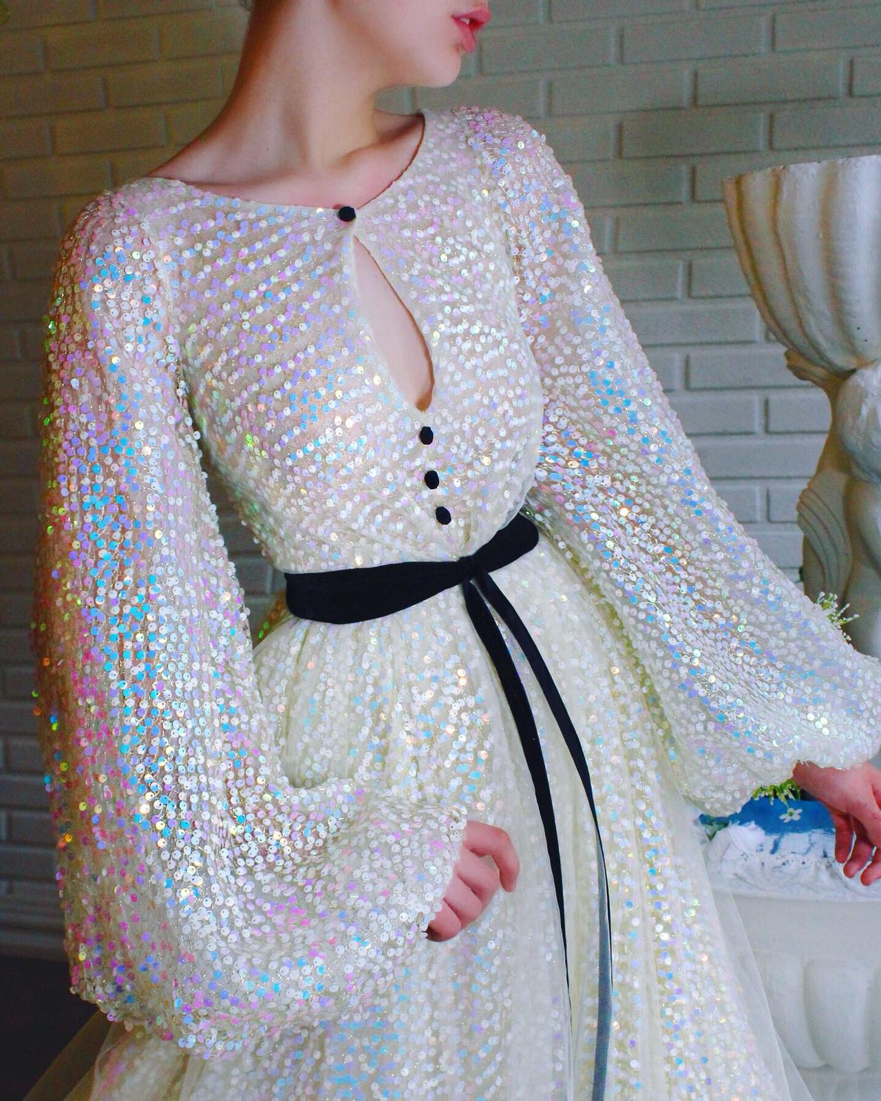 White A-Line dress with sequins and long sleeves