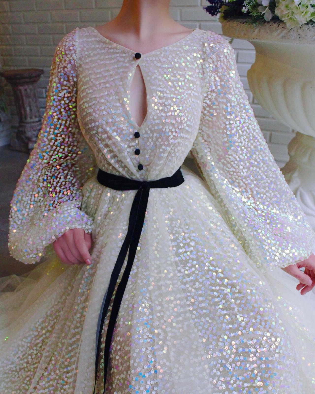 White A-Line dress with sequins and long sleeves