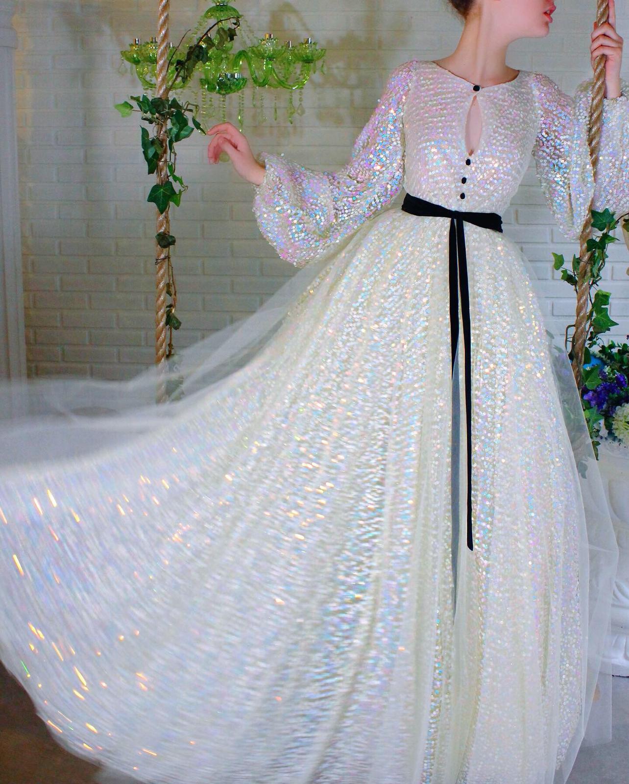White A-Line dress with sequins and long sleeves