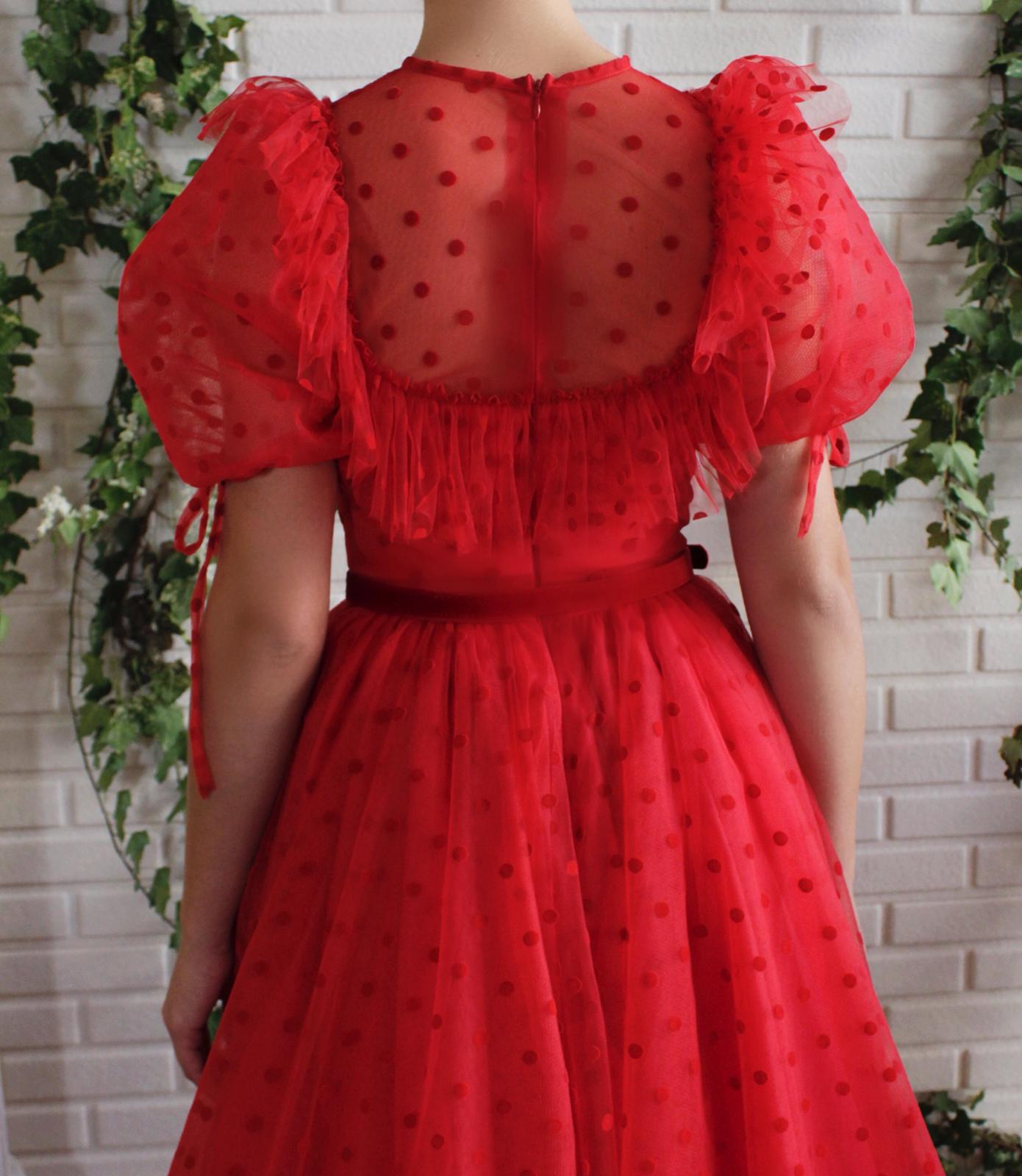 Red A-Line dress with short sleeves and belt