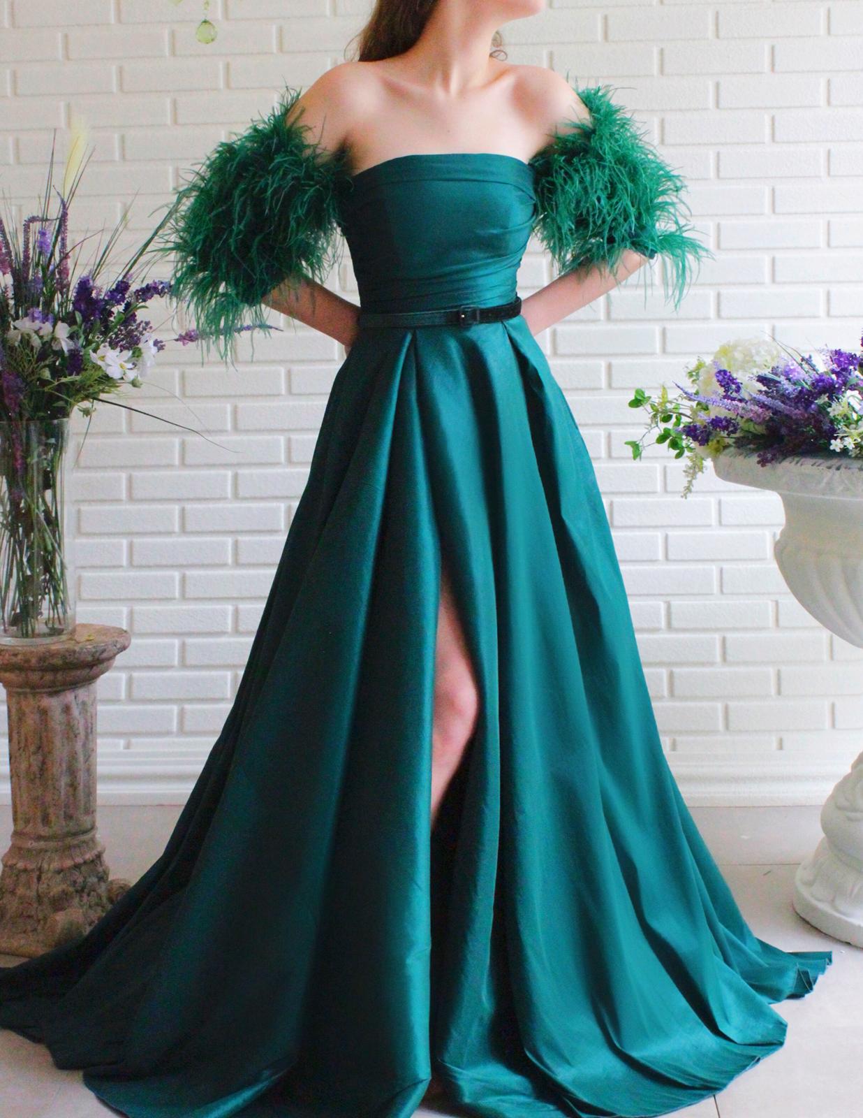 Green A-Line dress with belt, off the shoulder sleeves and feathers
