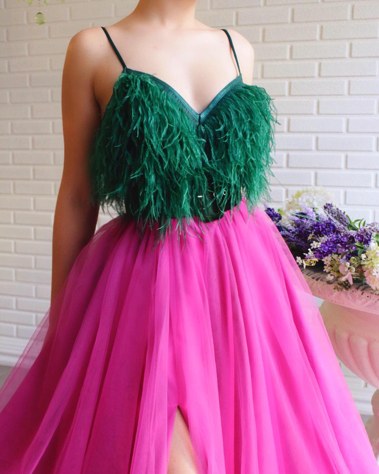 Purple and green A-Line dress with feathers and spaghetti straps