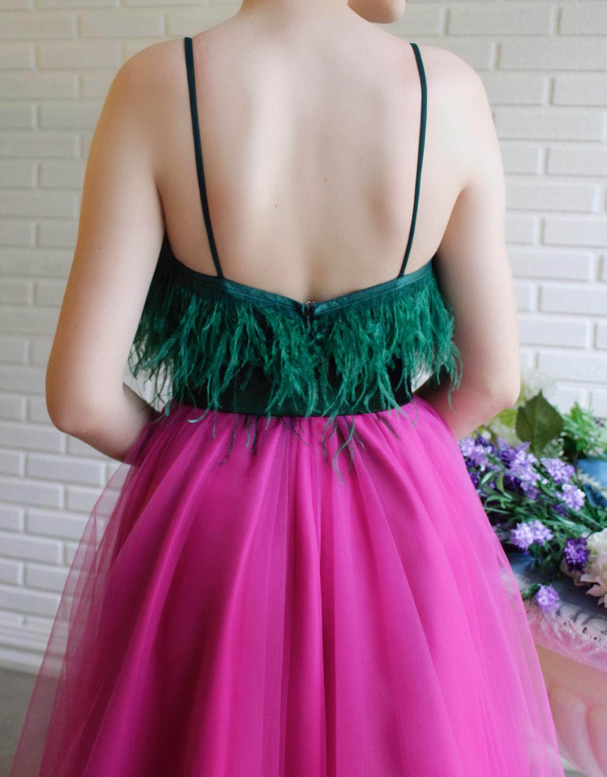 Purple and green A-Line dress with feathers and spaghetti straps