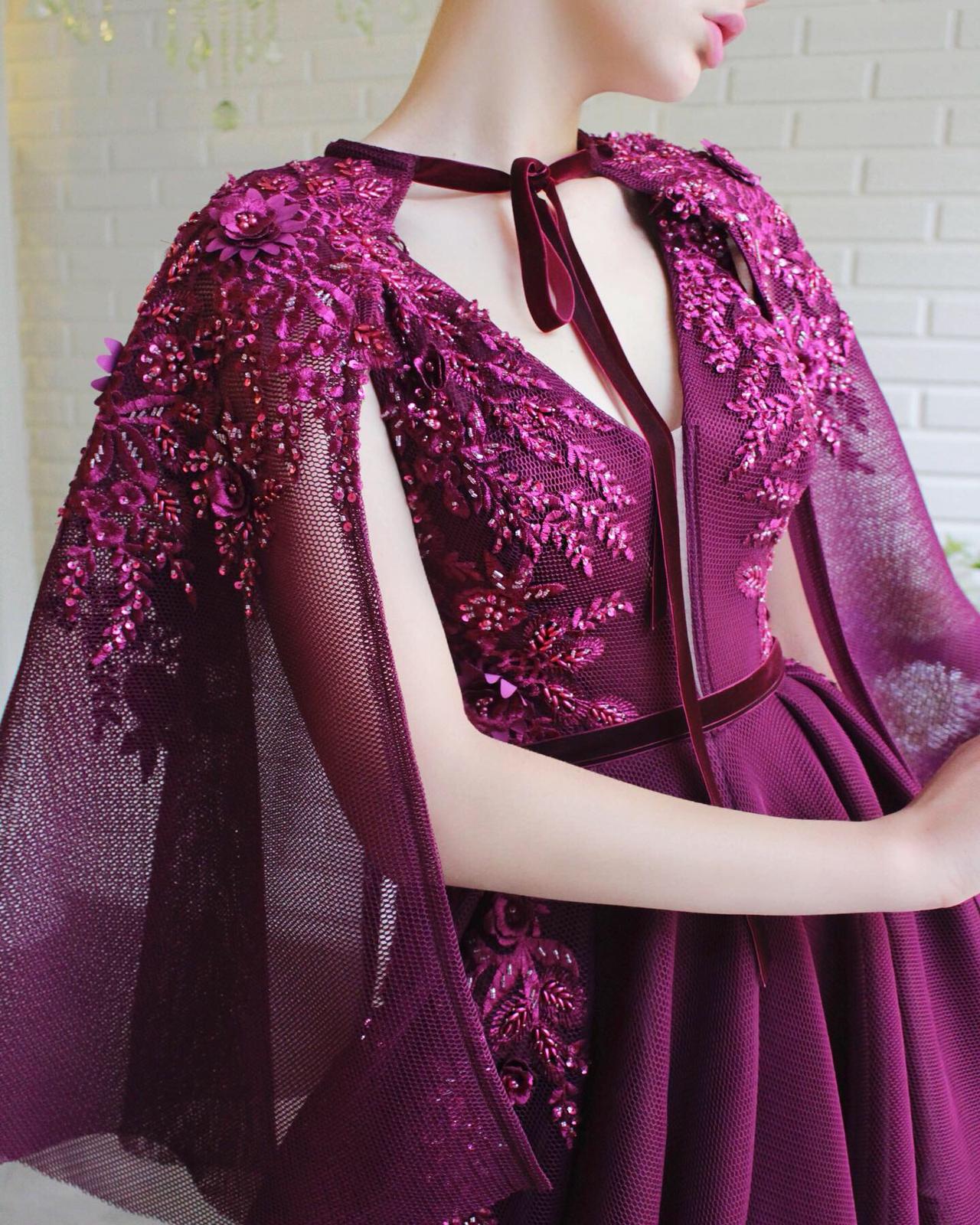 Purple A-Line dress with cape and embroidery
