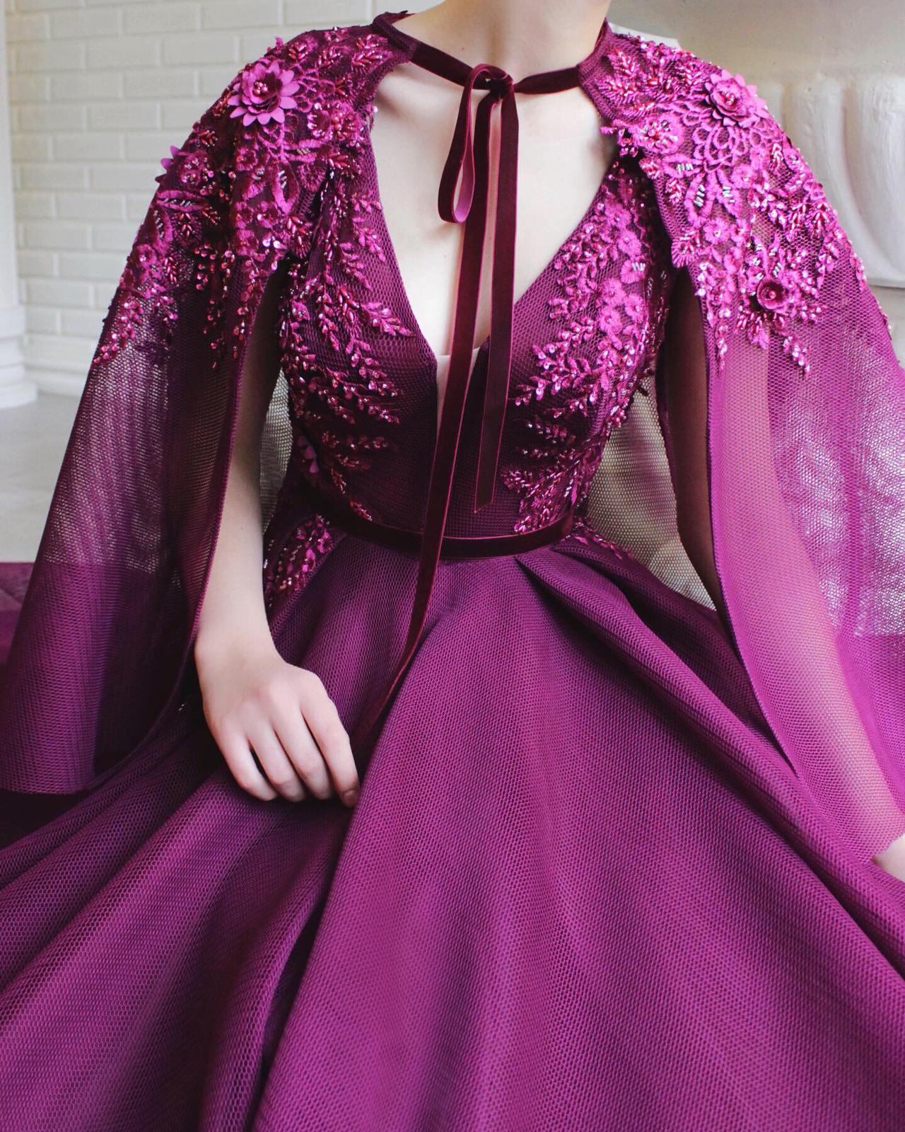 Purple A-Line dress with cape and embroidery