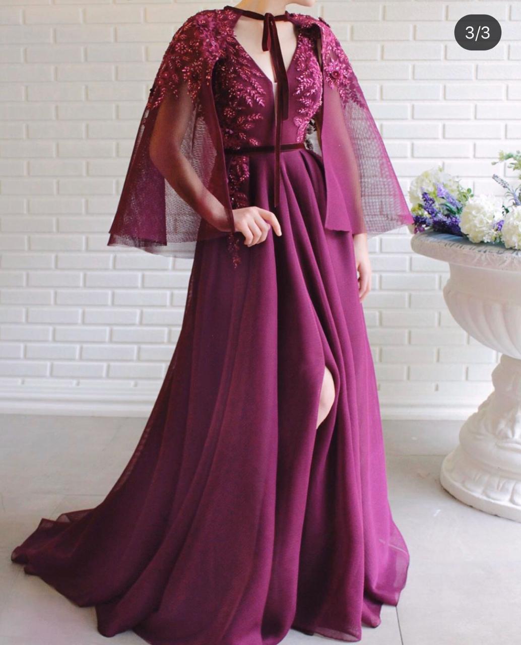 Purple A-Line dress with cape and embroidery