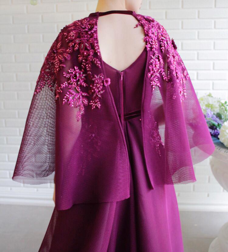 Purple A-Line dress with cape and embroidery