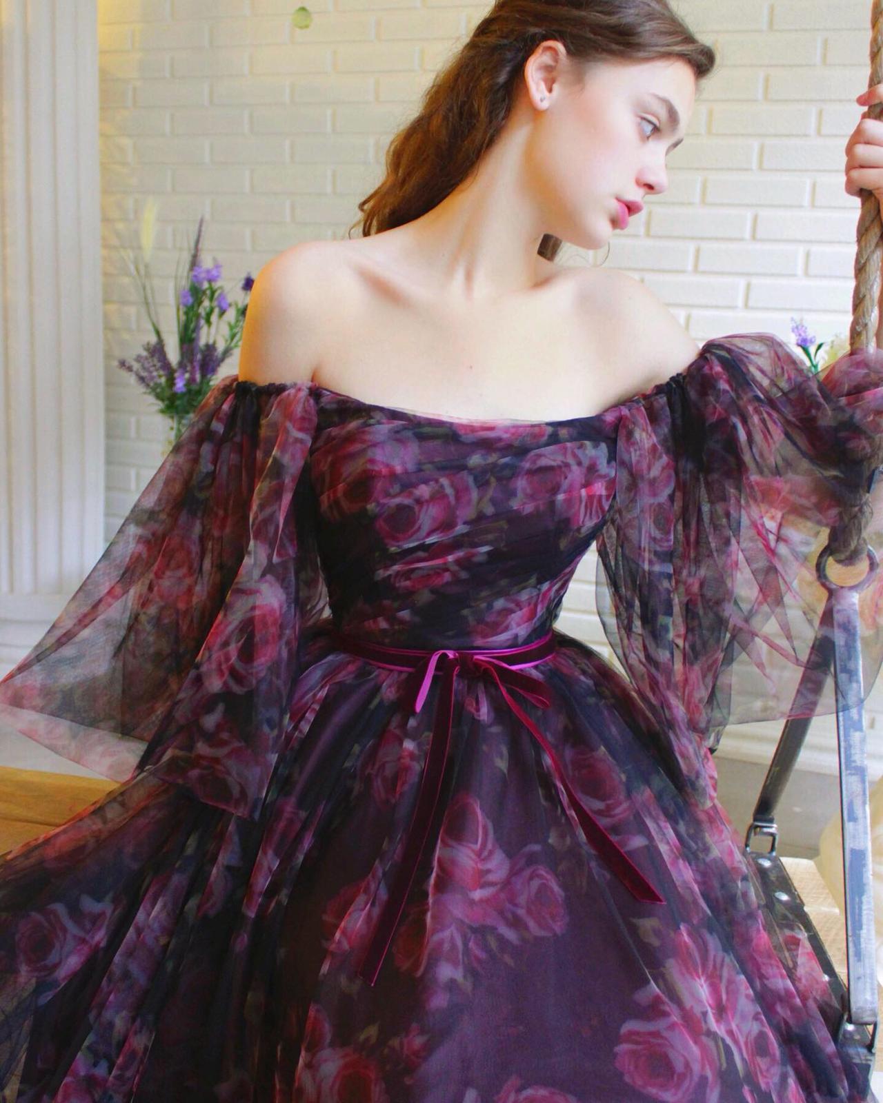 Purple A-Line dress with off the shoulder sleeves and printed flowers