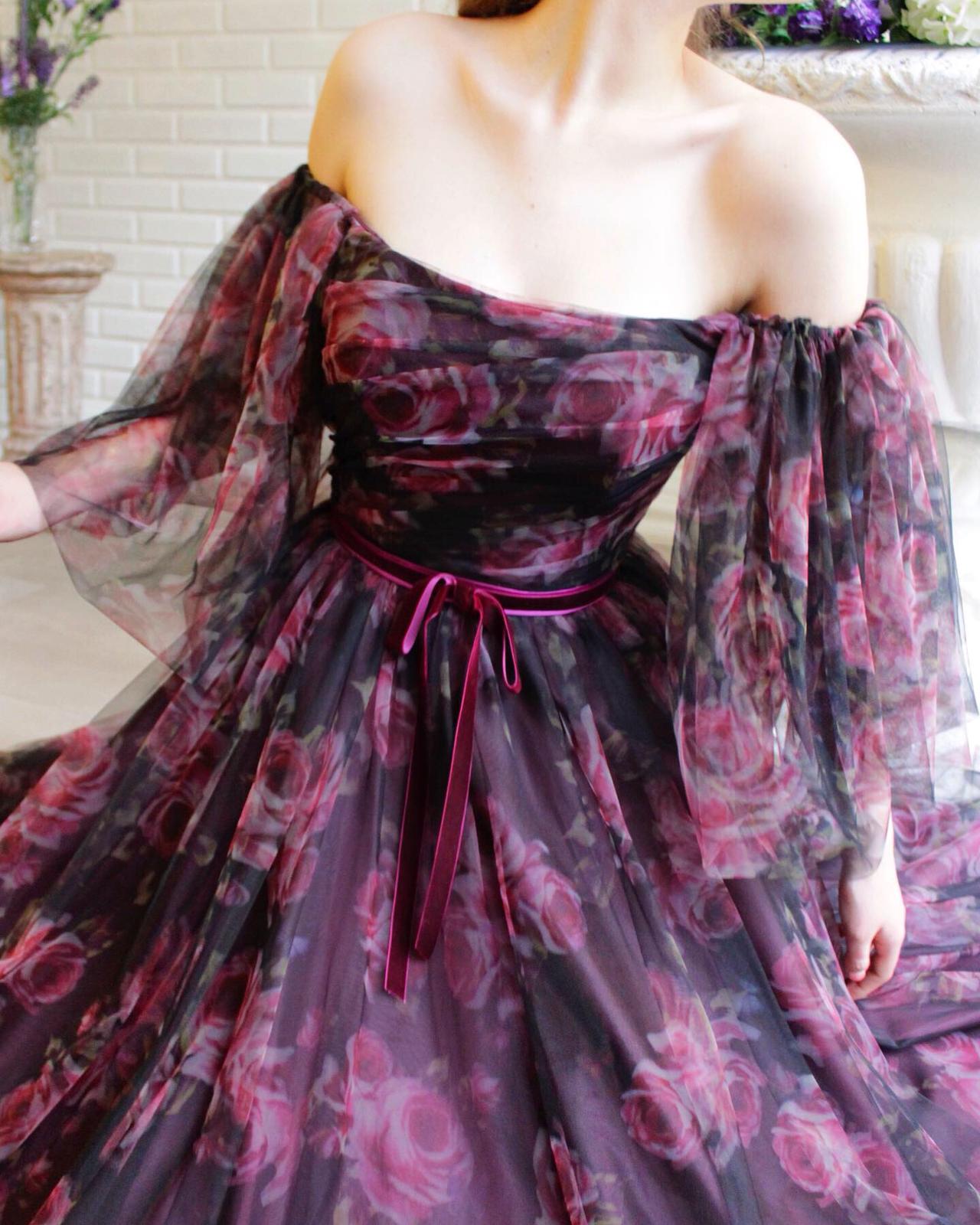 Purple A-Line dress with off the shoulder sleeves and printed flowers