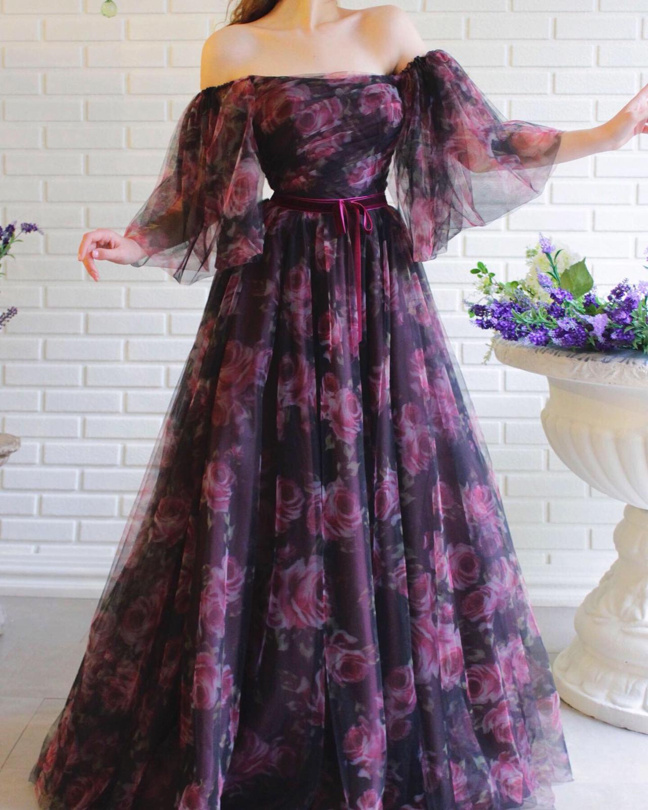 Purple A-Line dress with off the shoulder sleeves and printed flowers