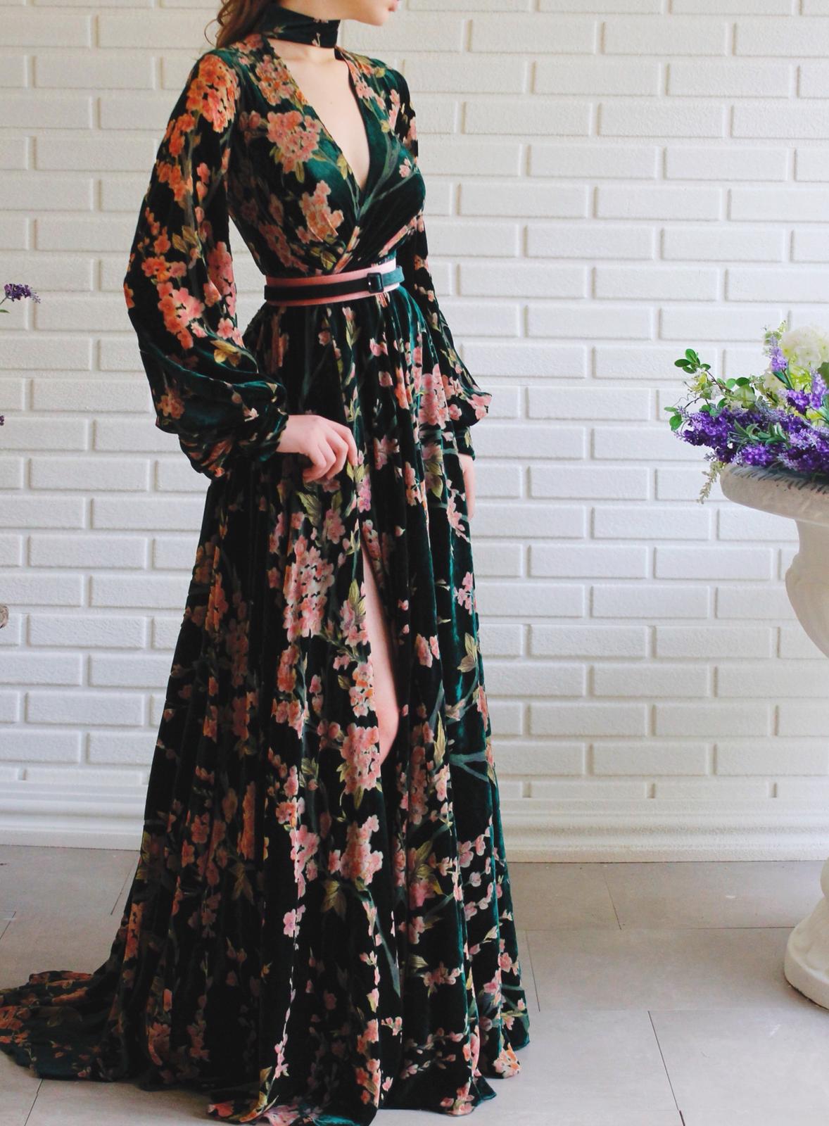 Green A-Line dress with v-neck, long sleeves and printed flowers