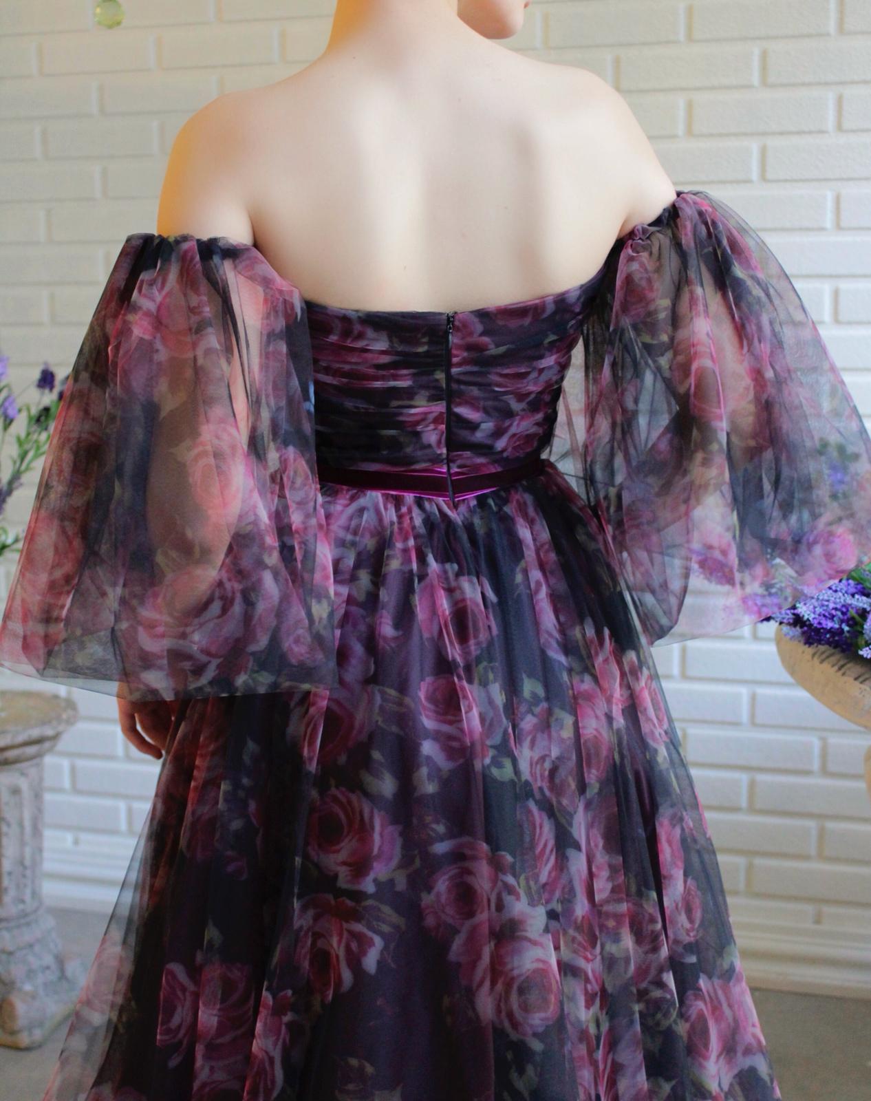 Purple A-Line dress with off the shoulder sleeves and printed flowers