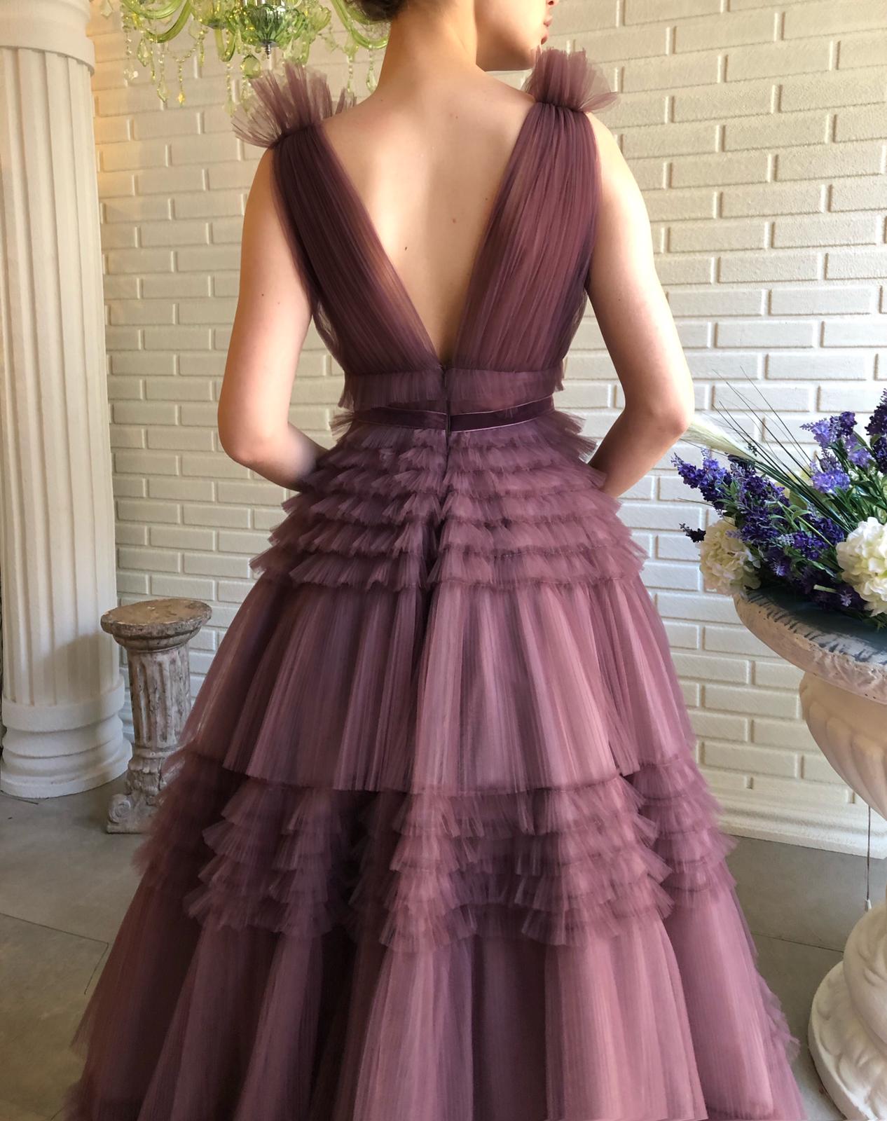 Purple A-Line dress with v-neck, no sleeves and ruffles