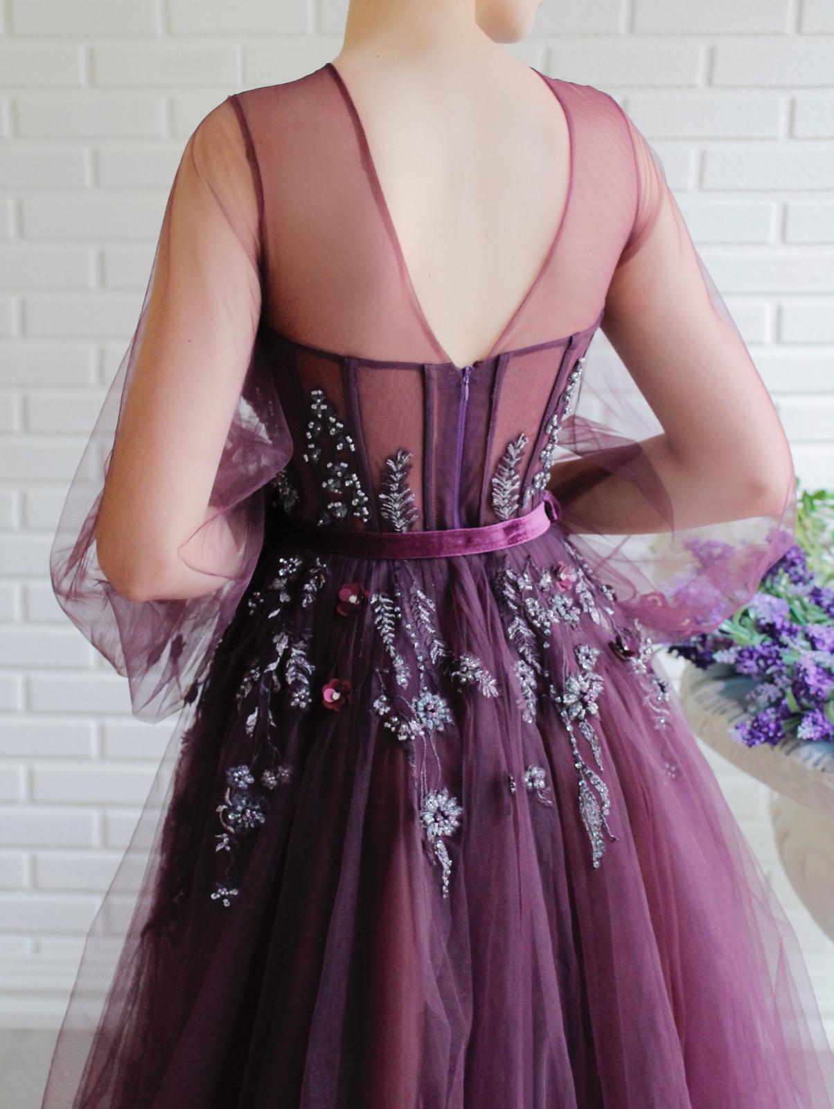 Purple A-Line dress with long sleeves, embroidery and belt