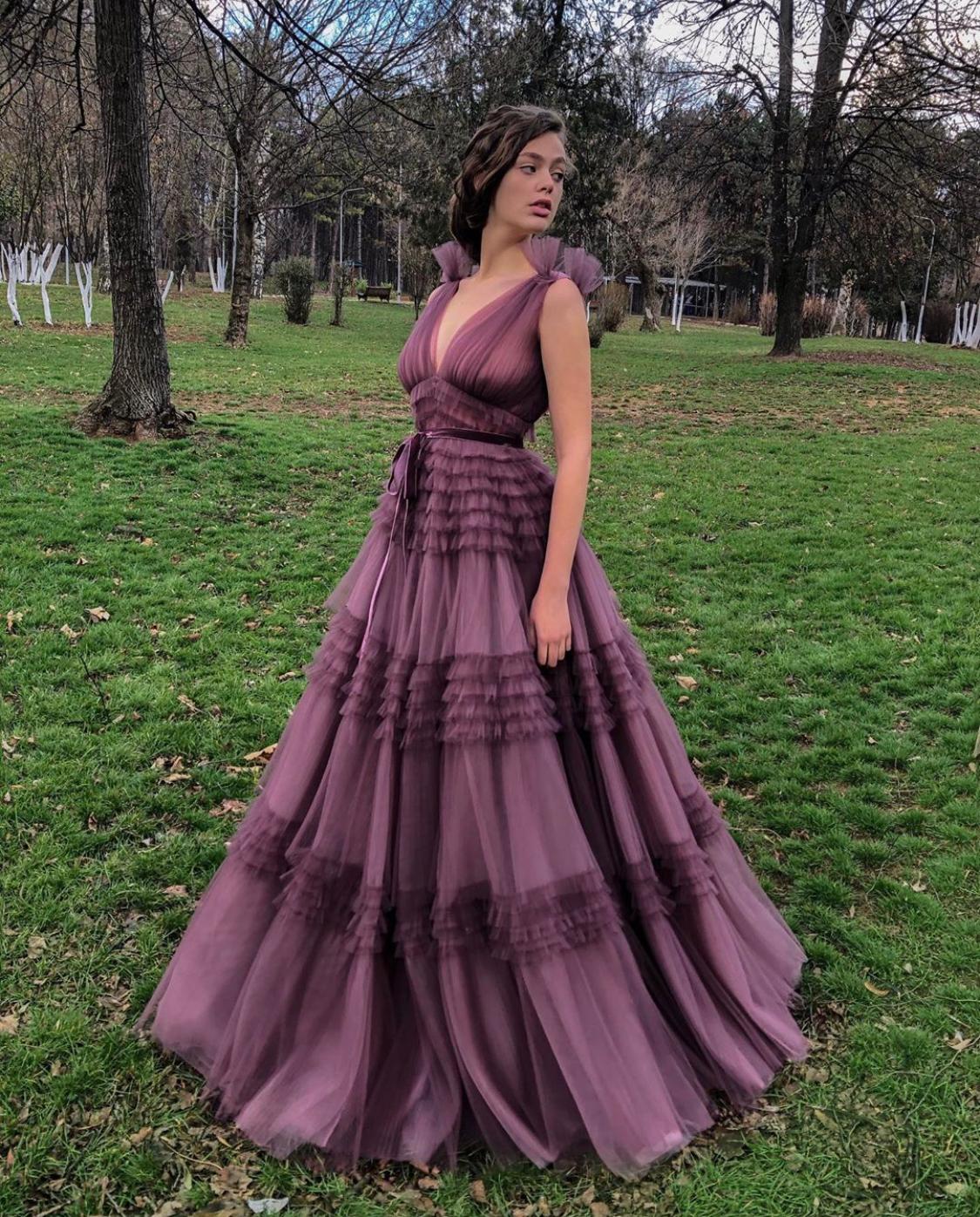 Purple A-Line dress with v-neck, no sleeves and ruffles