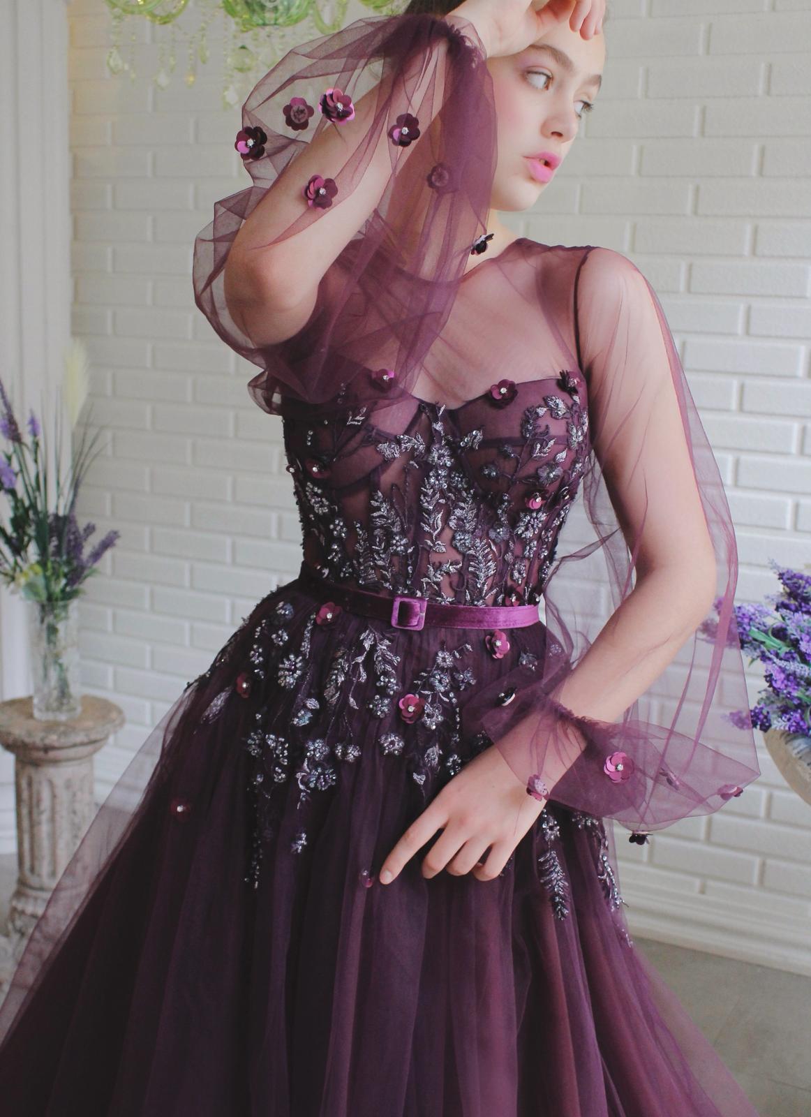 Purple A-Line dress with long sleeves, embroidery and belt