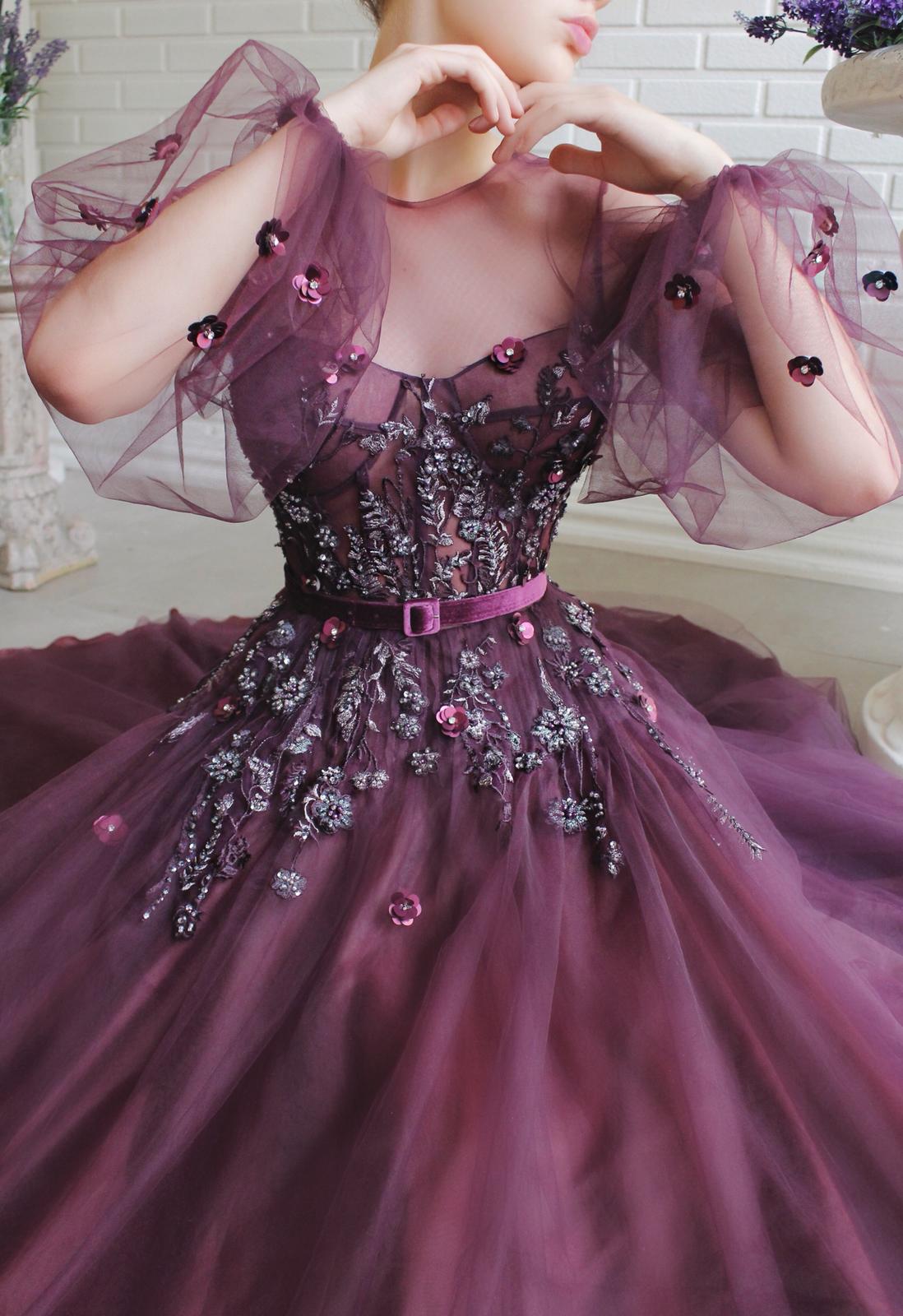 Purple A-Line dress with long sleeves, embroidery and belt