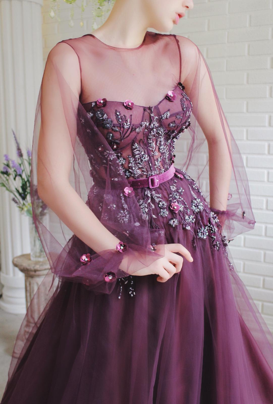 Purple A-Line dress with long sleeves, embroidery and belt
