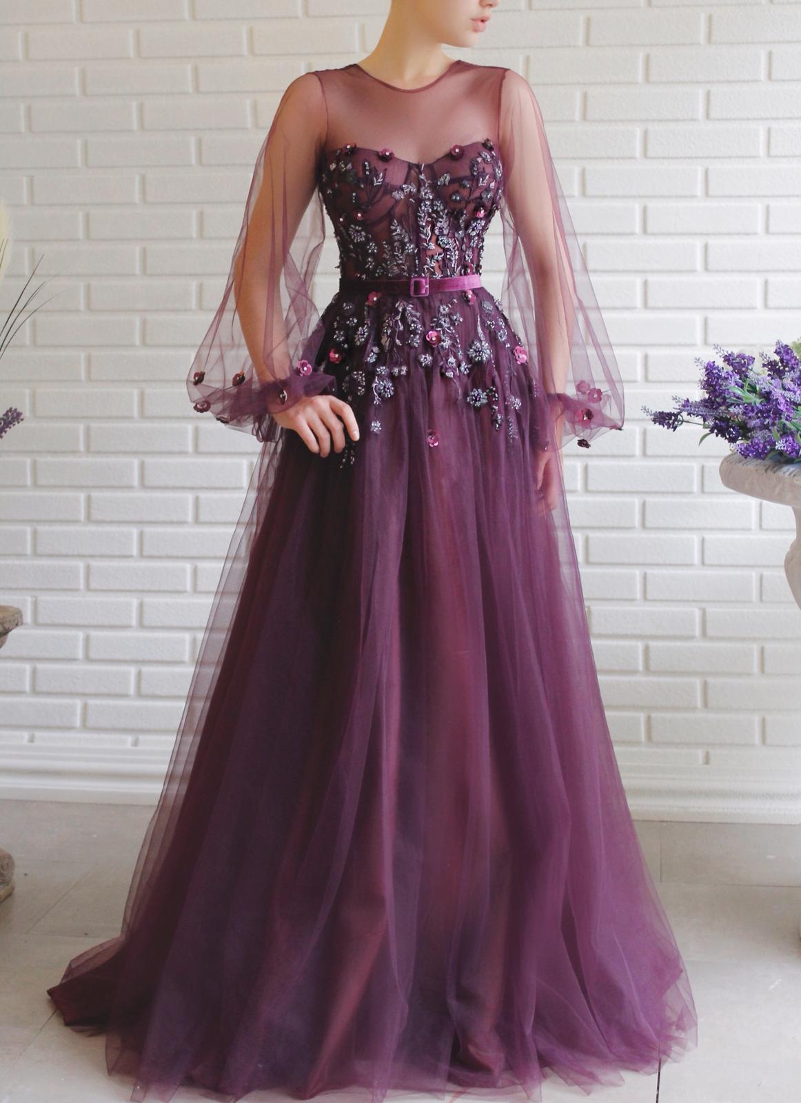Purple A-Line dress with long sleeves, embroidery and belt