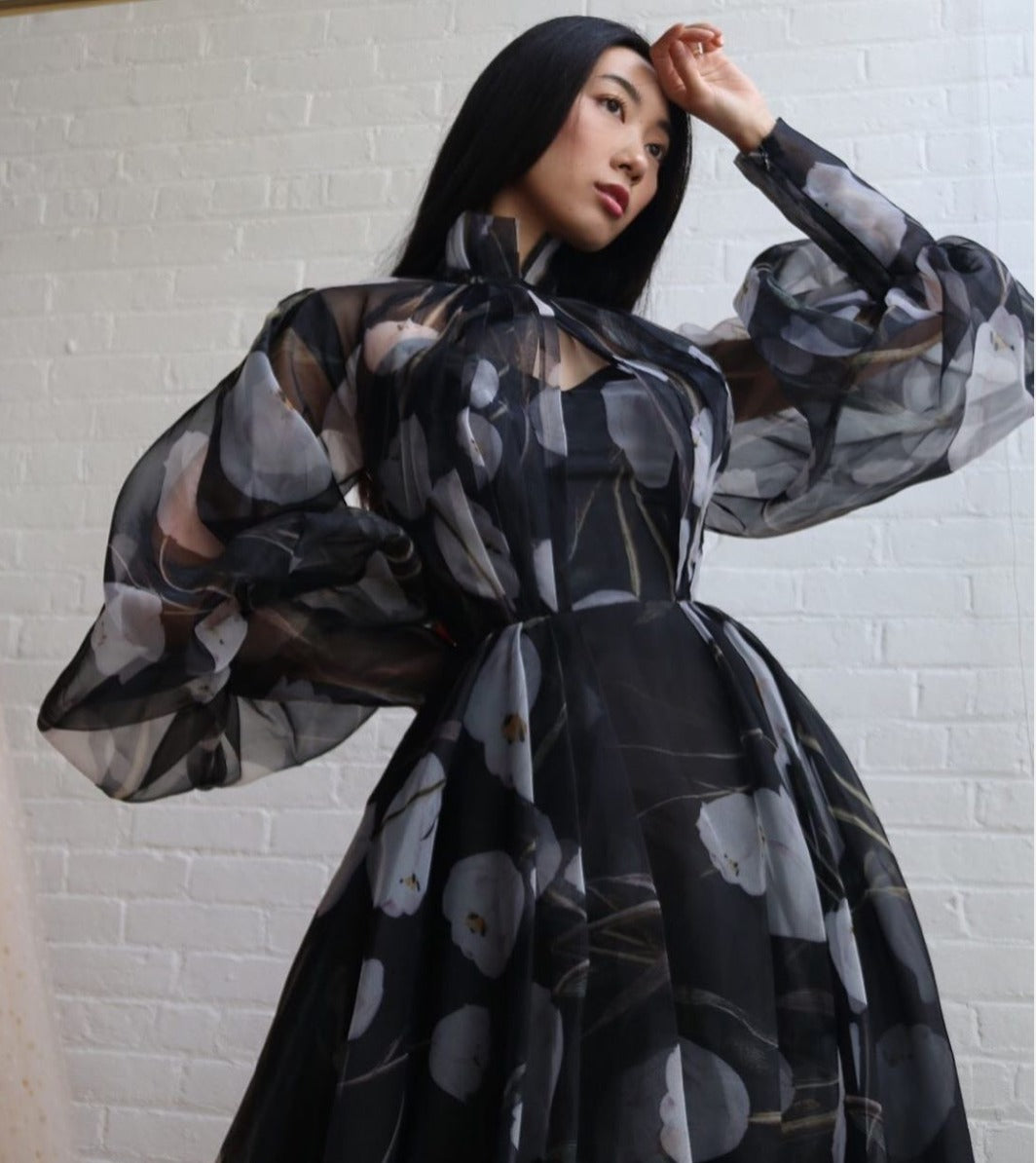 Black A-Line dress with dotted fabric and long sleeves