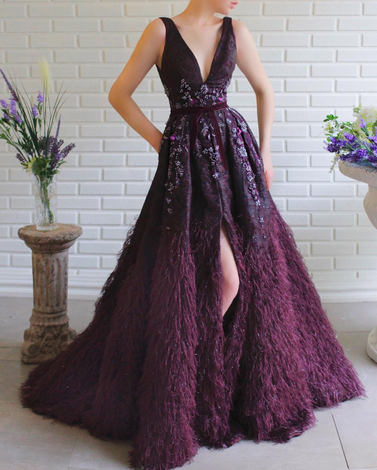 Purple A-Line dress with no sleeves, v-neck and embroidery
