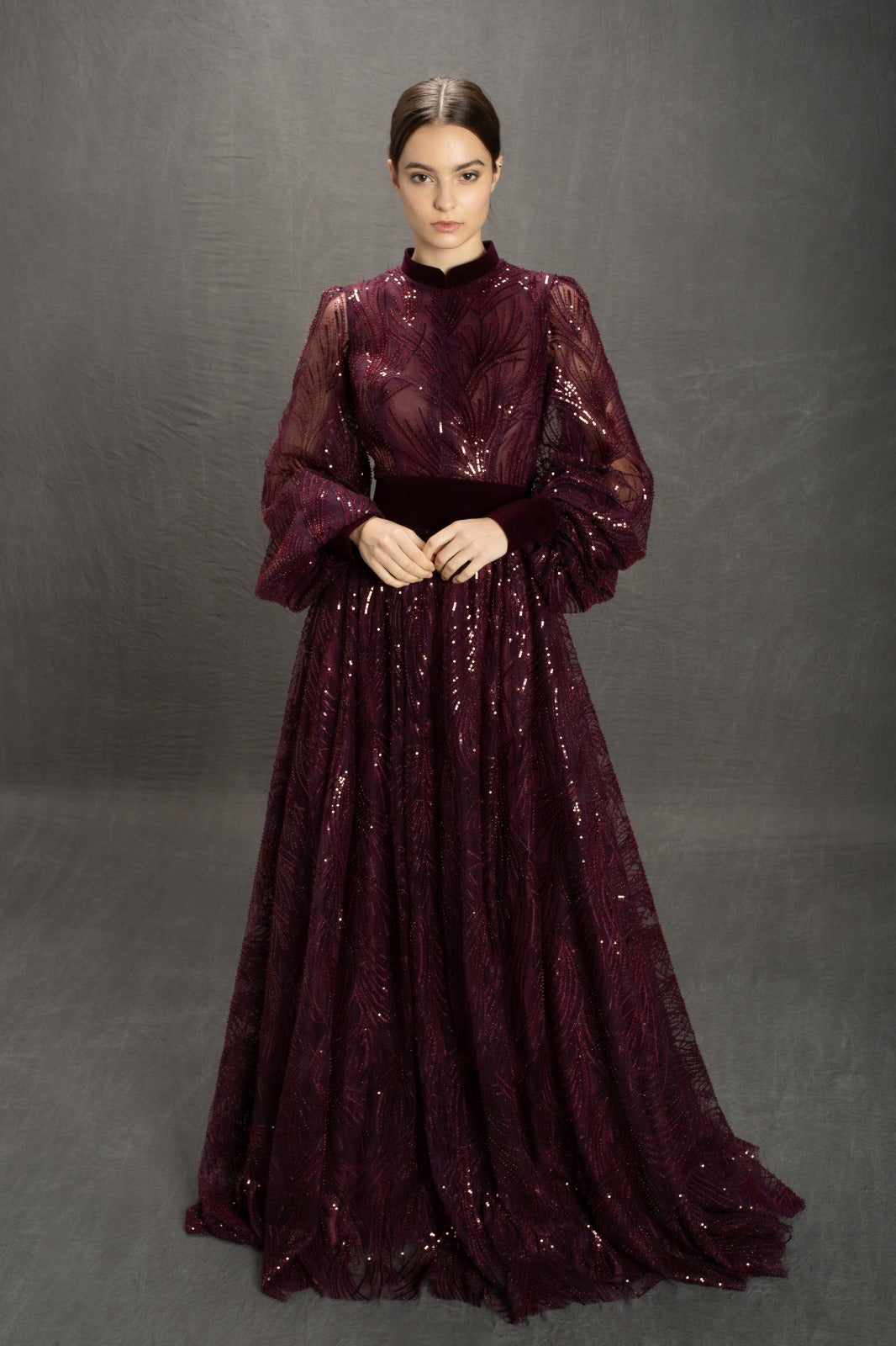 Purple A-Line dress with long sleeves