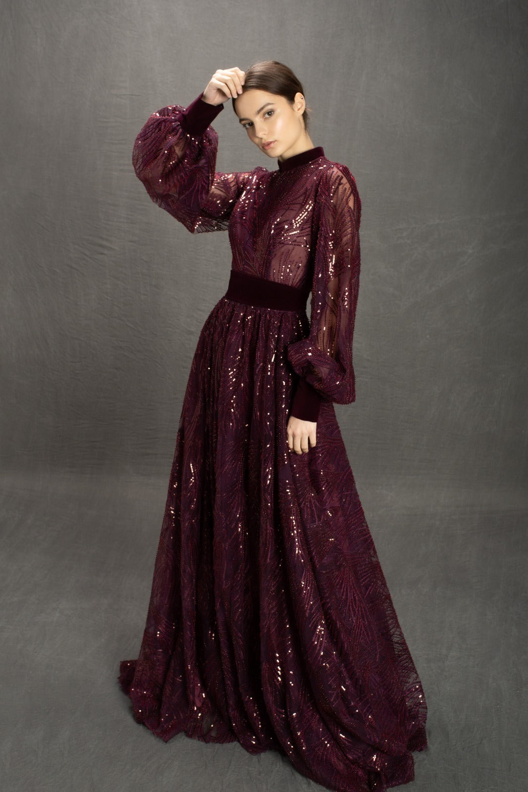 Purple A-Line dress with long sleeves