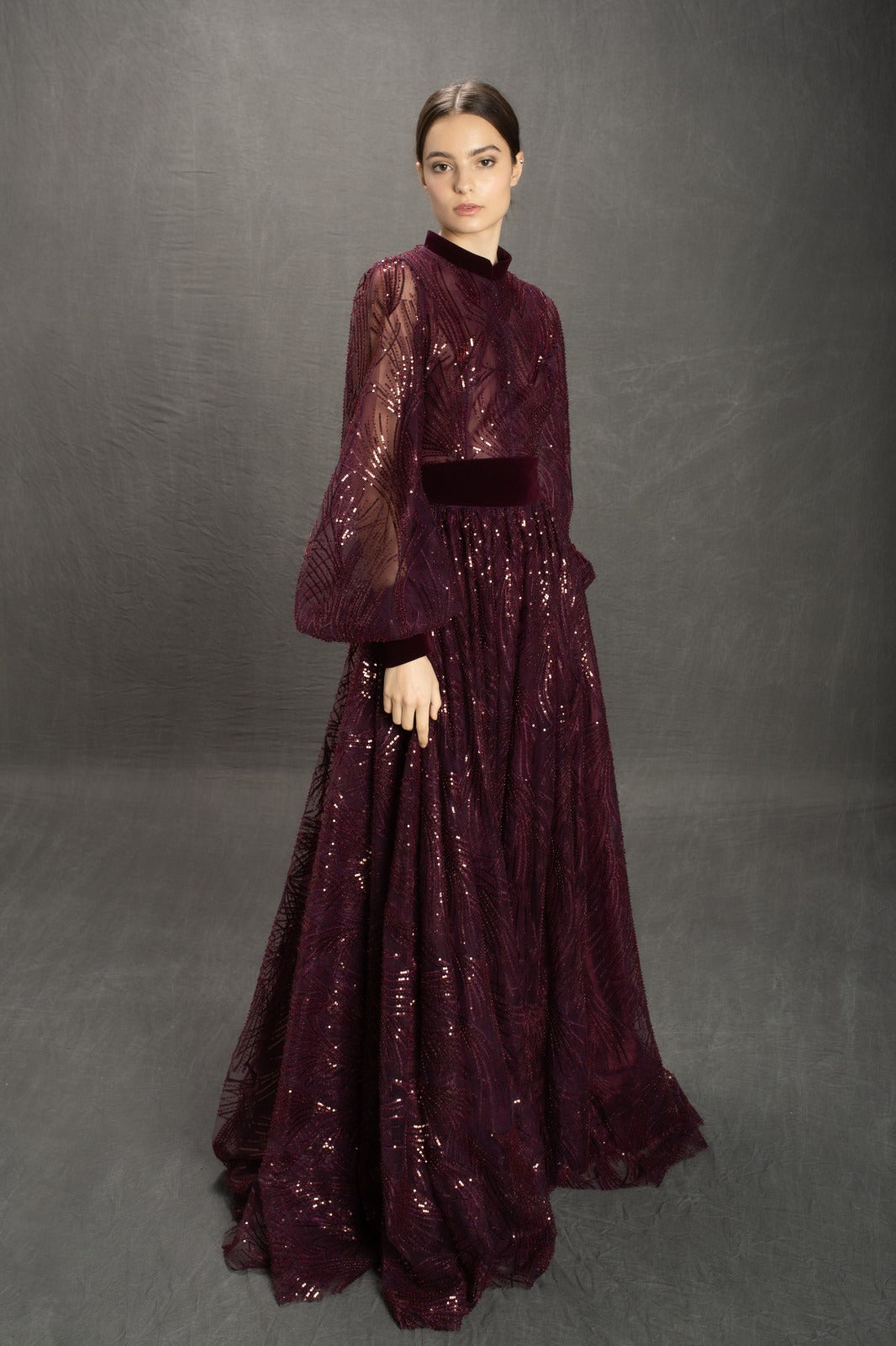 Purple A-Line dress with long sleeves