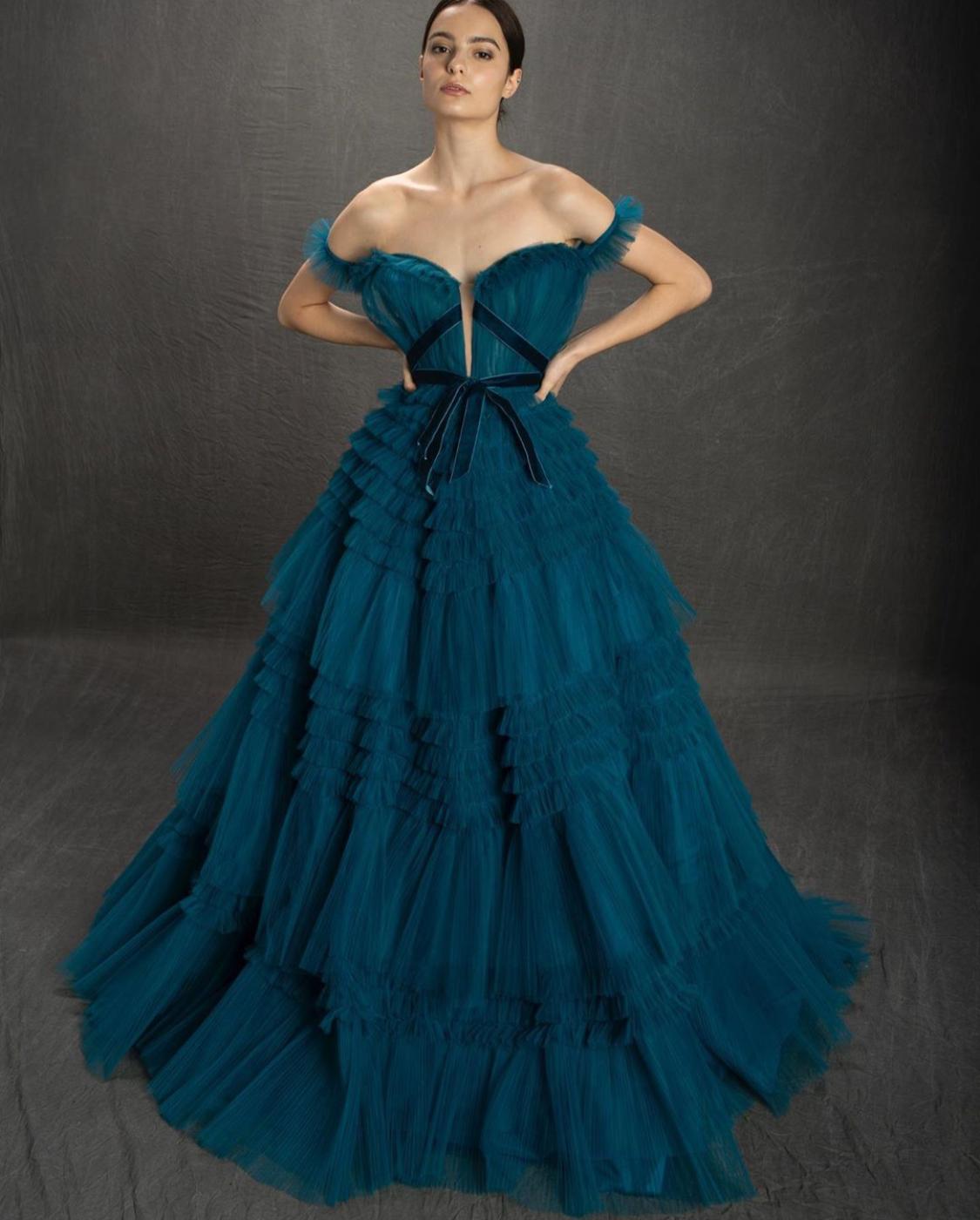Blue A-Line dress with off the shoulder sleeves and ruffles