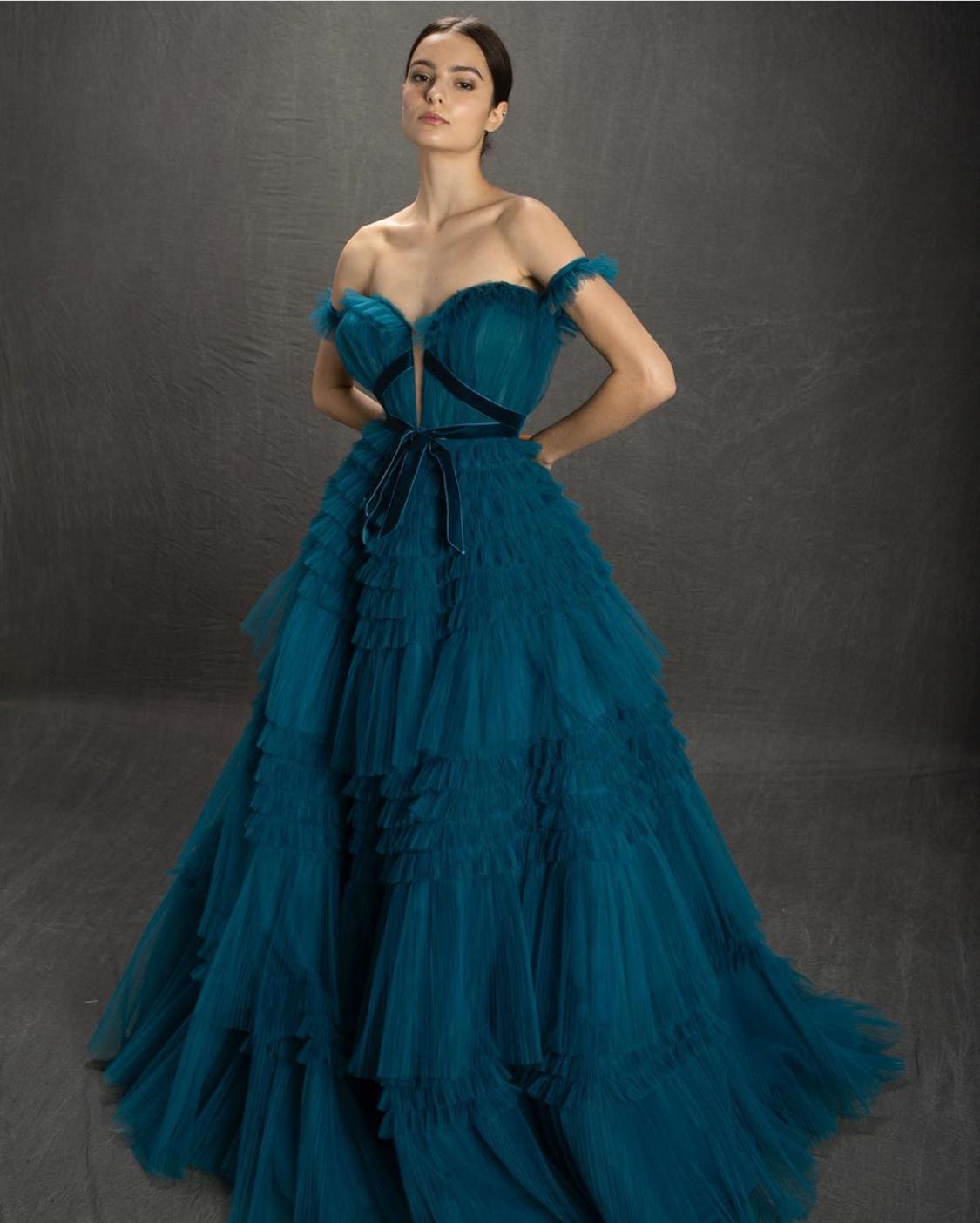 Blue A-Line dress with off the shoulder sleeves and ruffles
