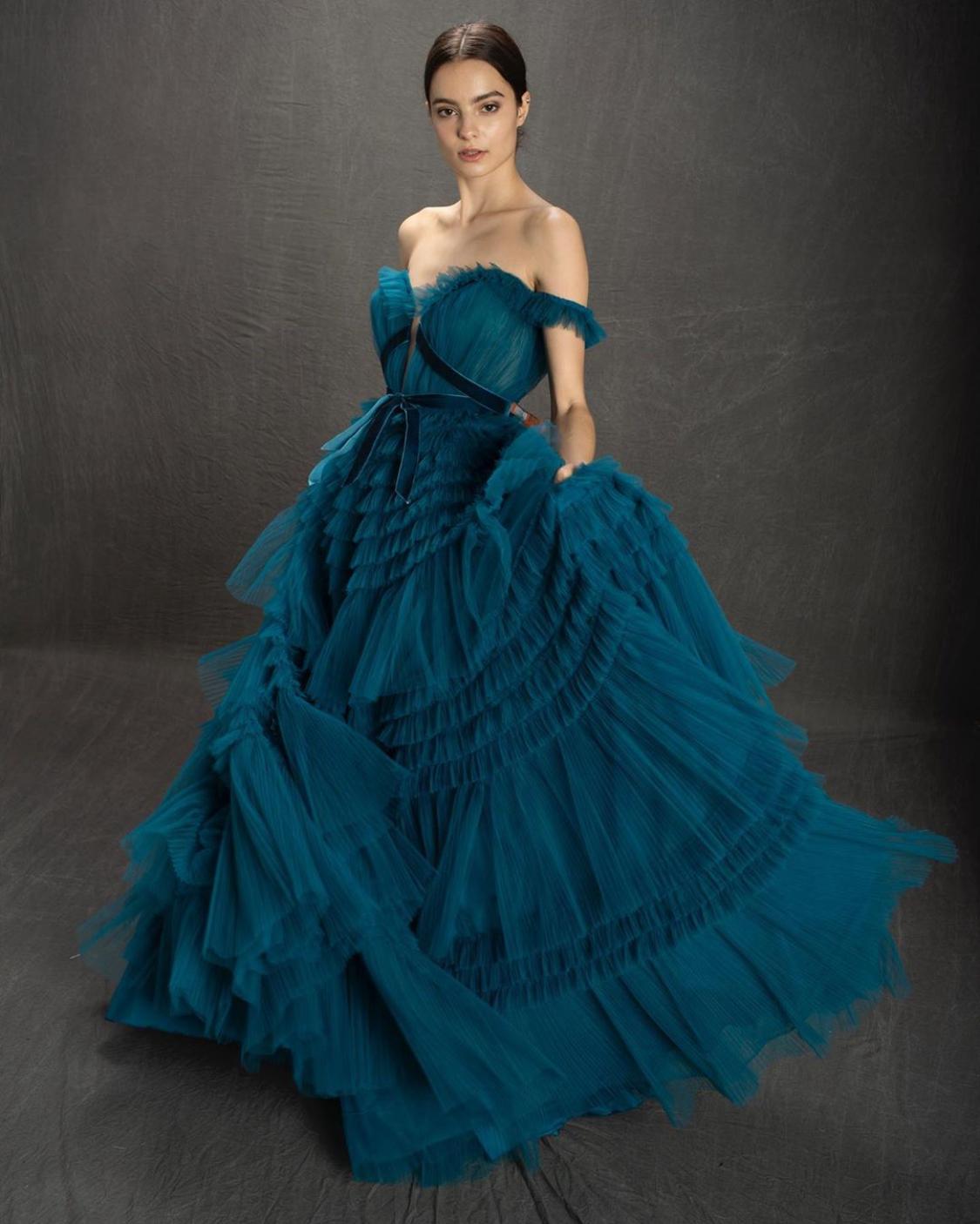 Blue A-Line dress with off the shoulder sleeves and ruffles