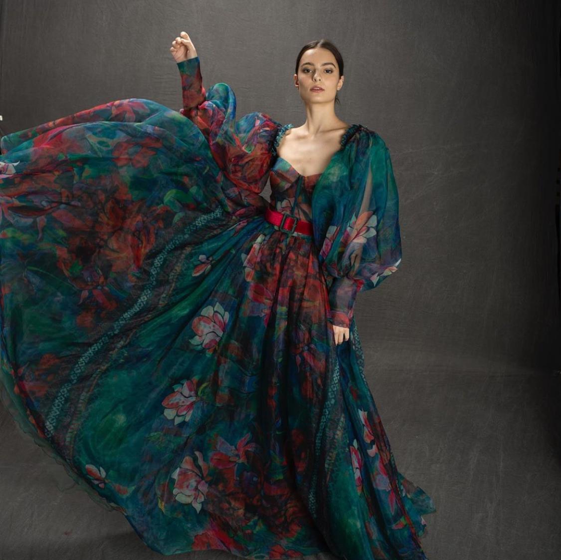Colorful A-Line dress with long sleeves