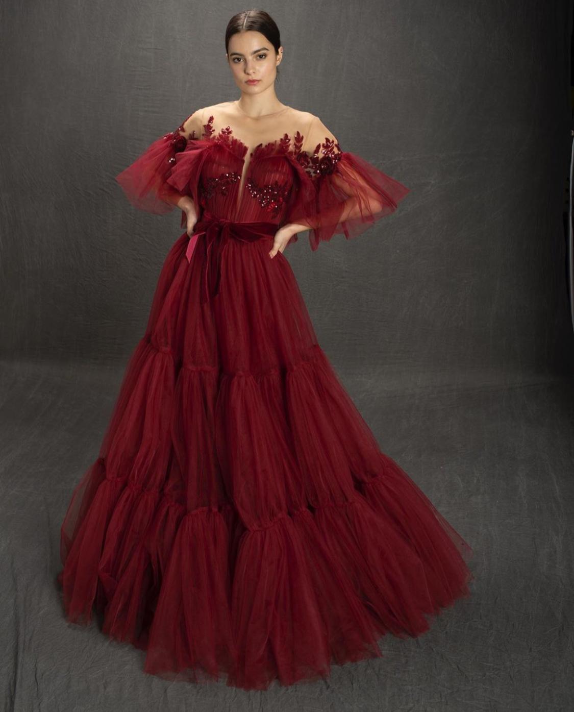 Red A-Line dress with off the shoulder sleeves and embroidery