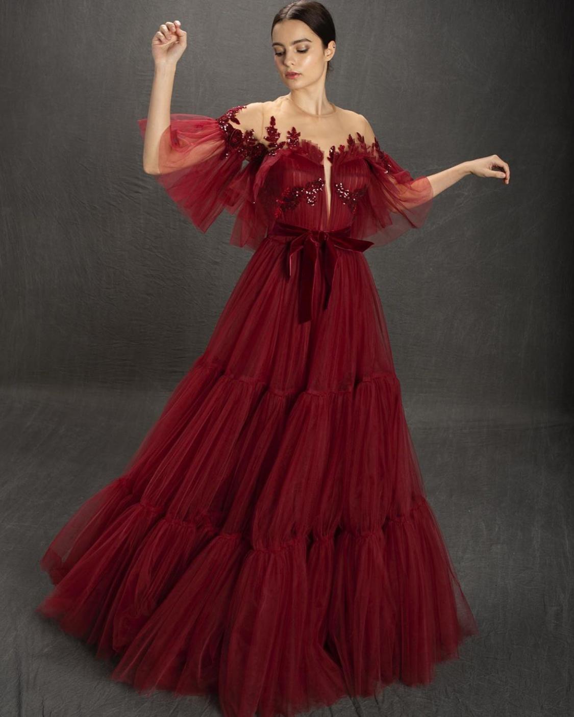 Red A-Line dress with off the shoulder sleeves and embroidery