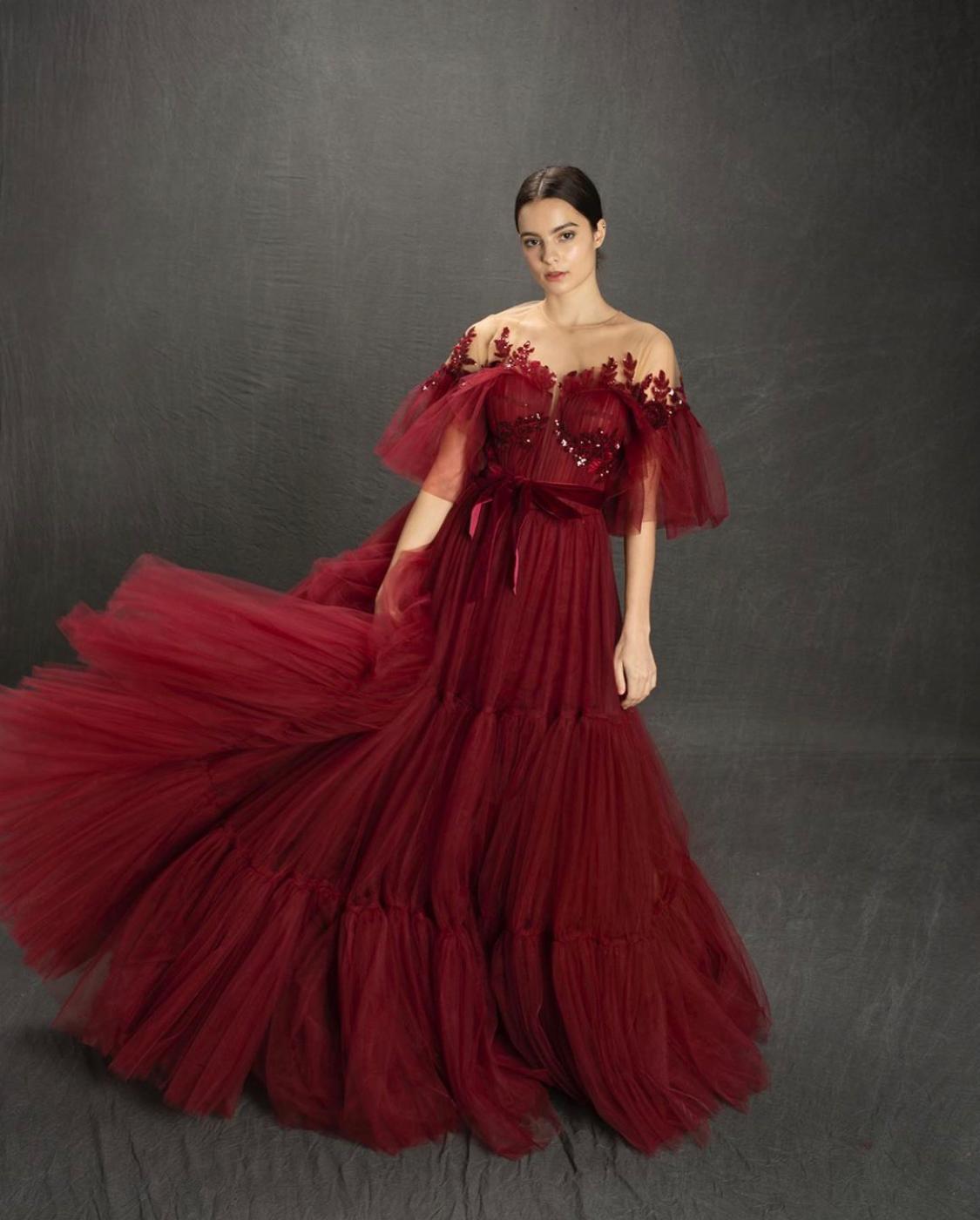 Red A-Line dress with off the shoulder sleeves and embroidery