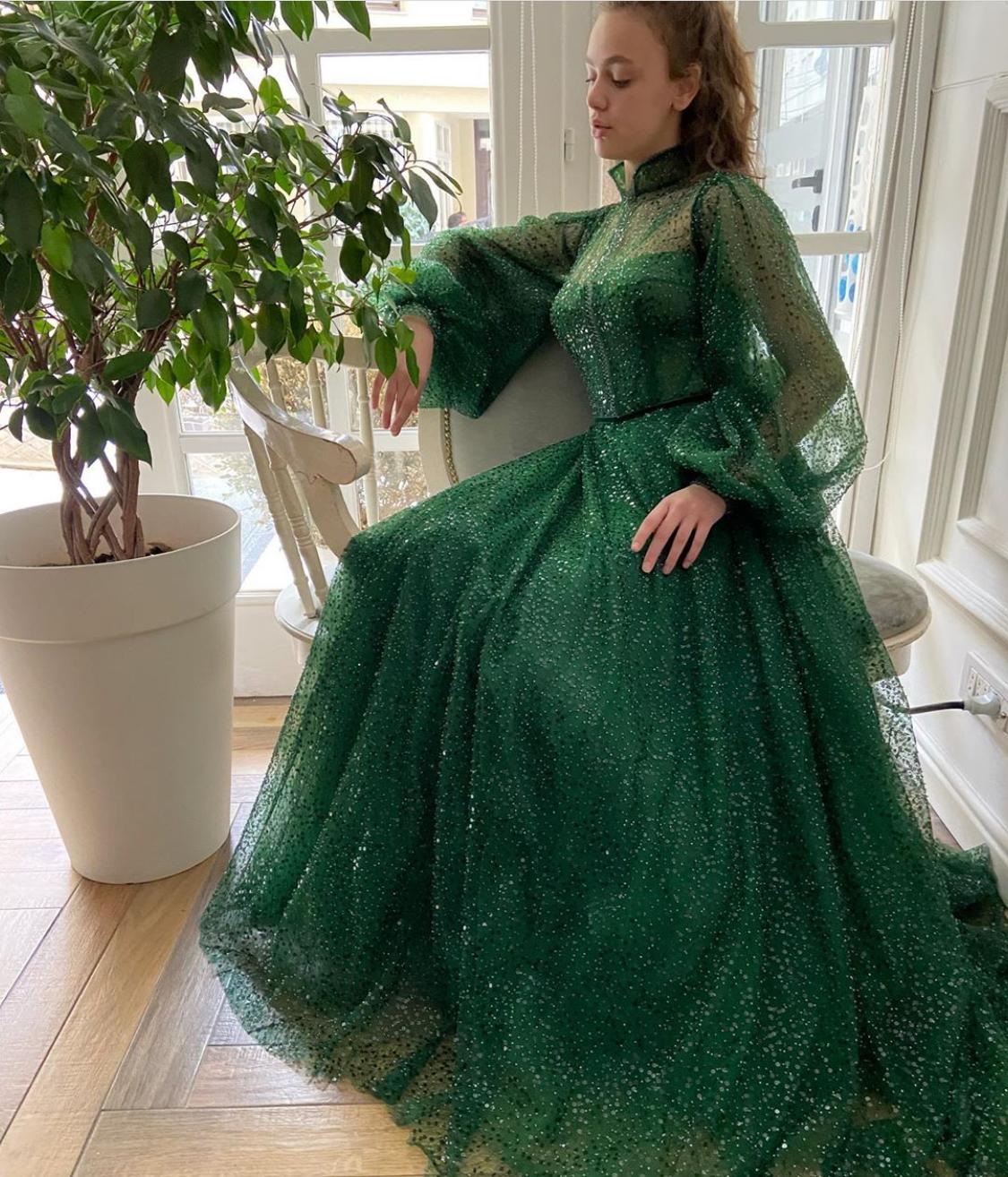 Green A-Line dress with sequins and long sleeves