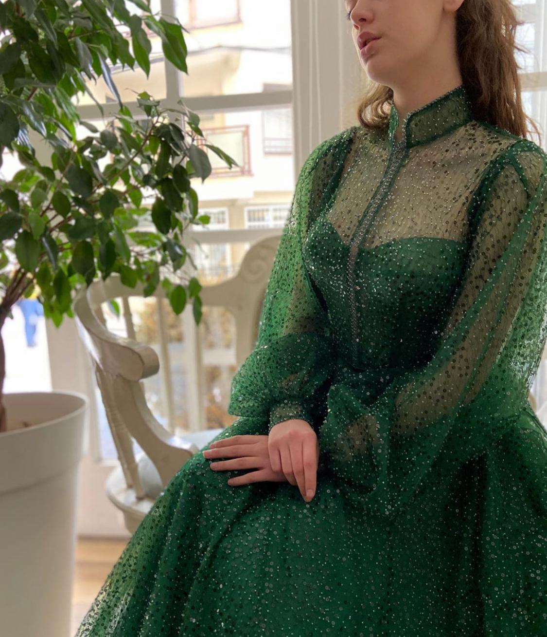 Green A-Line dress with sequins and long sleeves