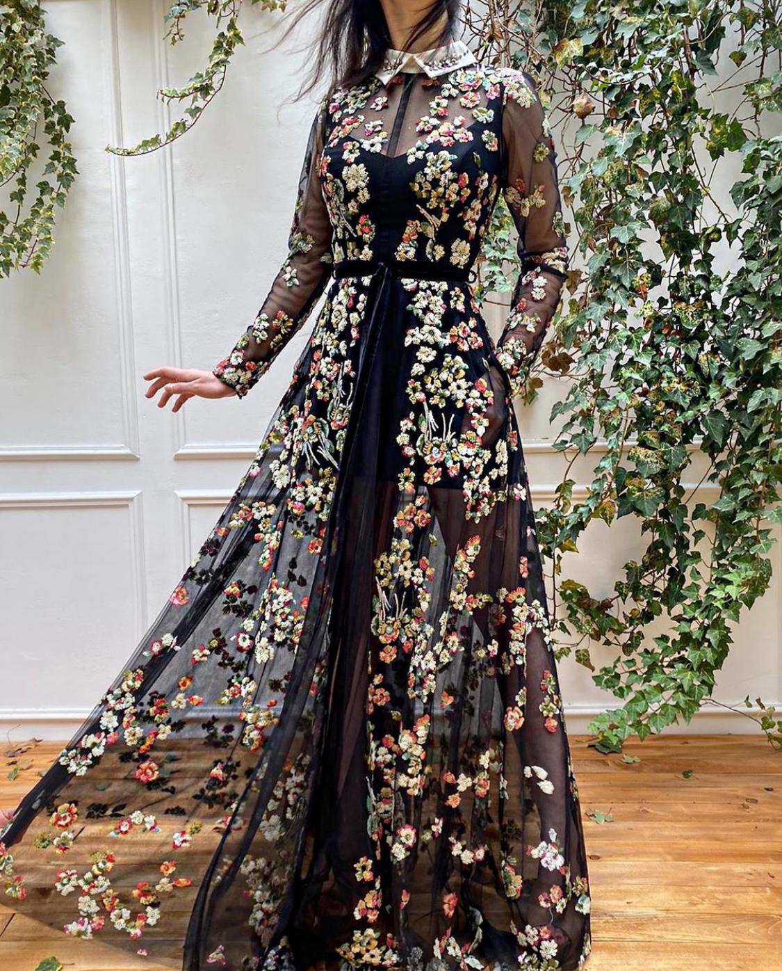 Black A-Line dress with long sleeves and embroidery