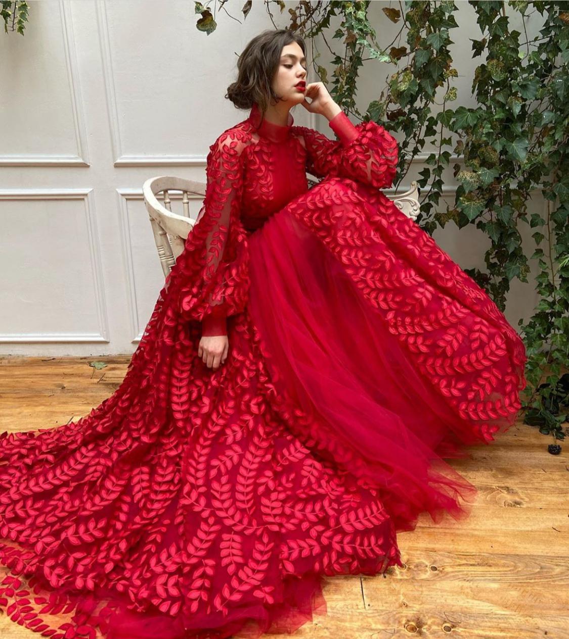 Red A-Line dress with long sleeves and lace