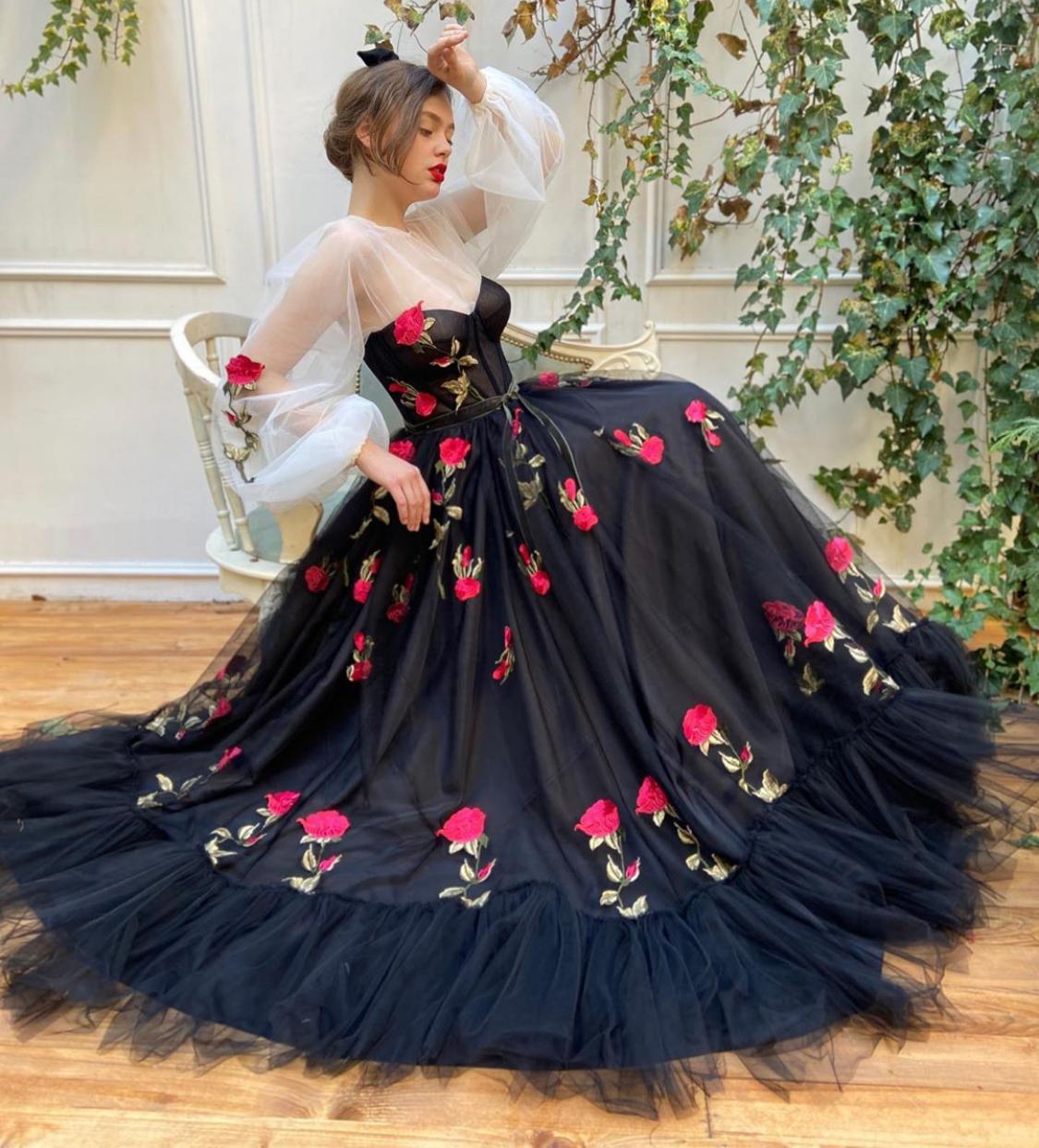 Black A-Line dress with long sleeves and embroidery