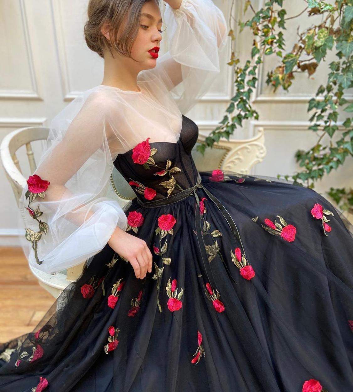 Black A-Line dress with long sleeves and embroidery