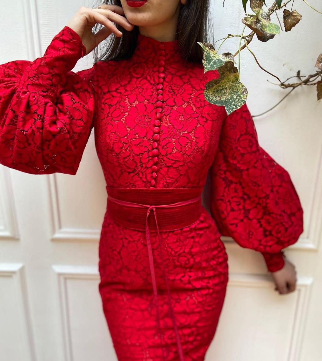 Red mermaid dress with long sleeves