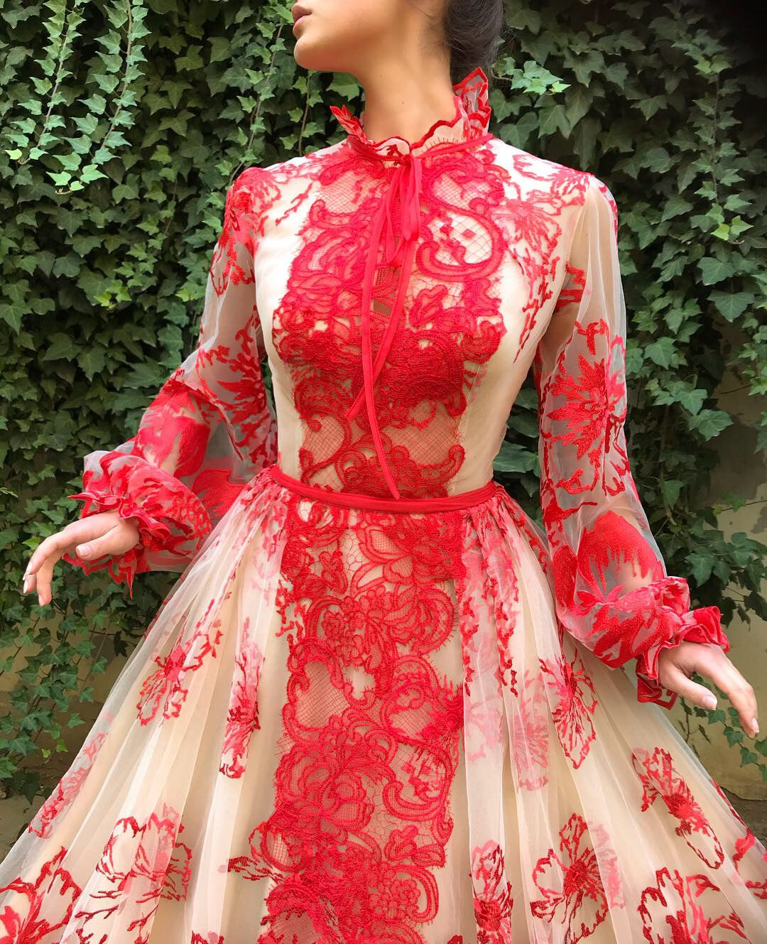 Red A-Line dress with long sleeves and lace